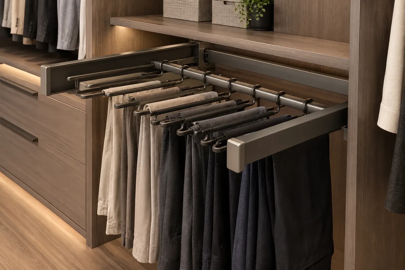 A pull-out trouser rack extended from a walnut closet bay, each pair of trousers hanging full length on its own arm