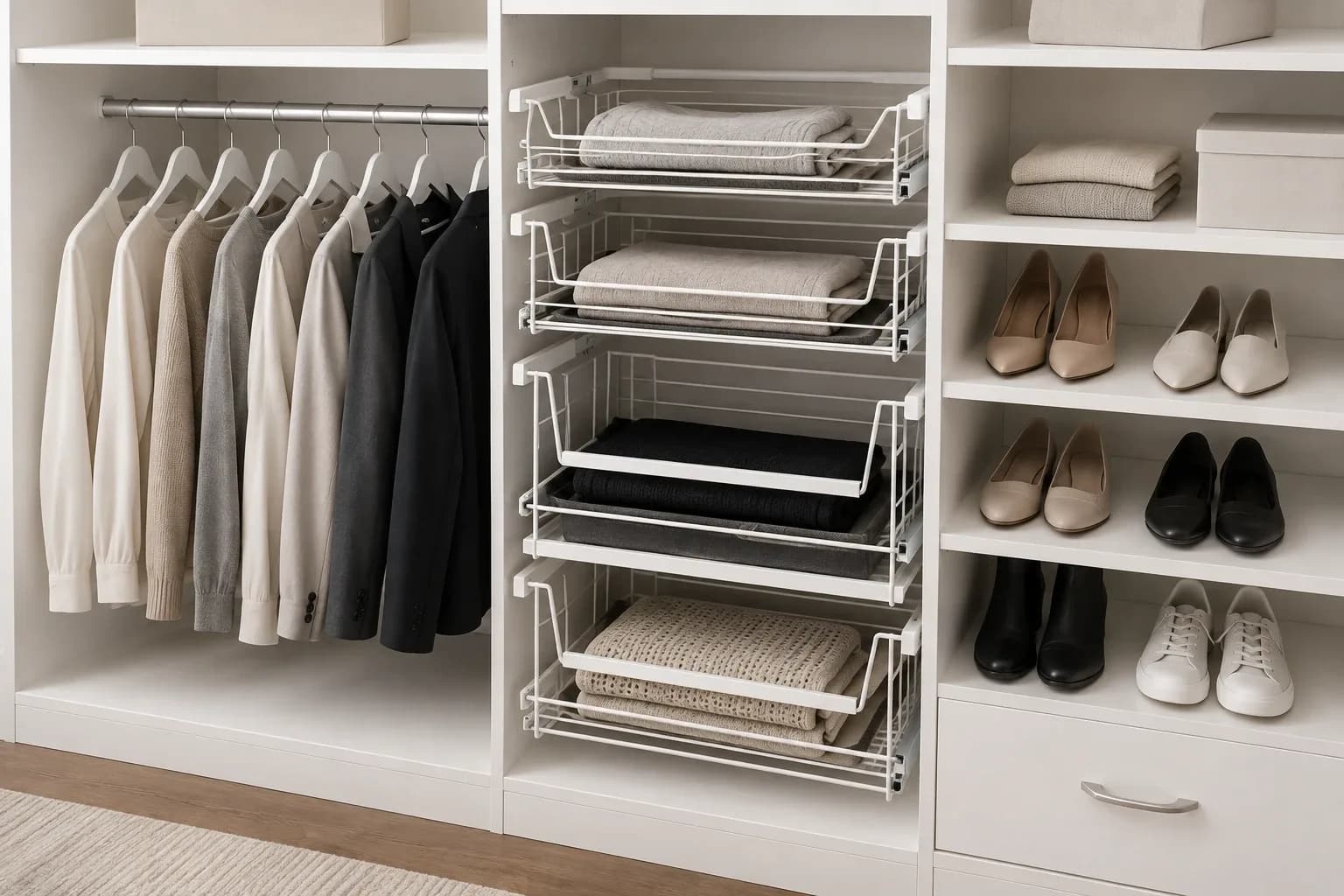 Four ventilated white wire baskets on runners in a closet bay, holding folded knitwear, beside hanging clothes and shoe shelves