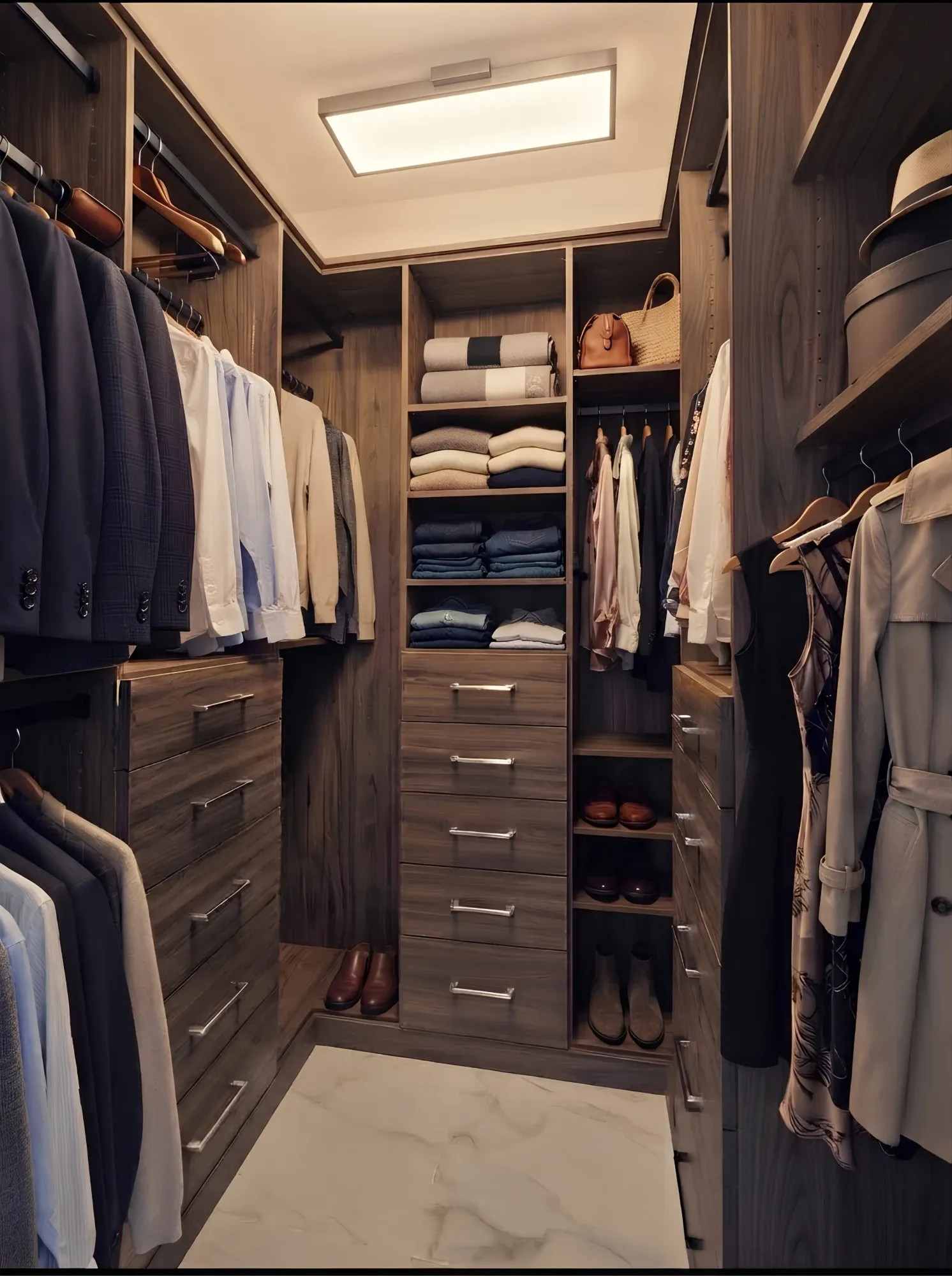 A dark walnut walk-in closet, hanging at two levels down both walls with folded shelving and five drawers in the tower between them