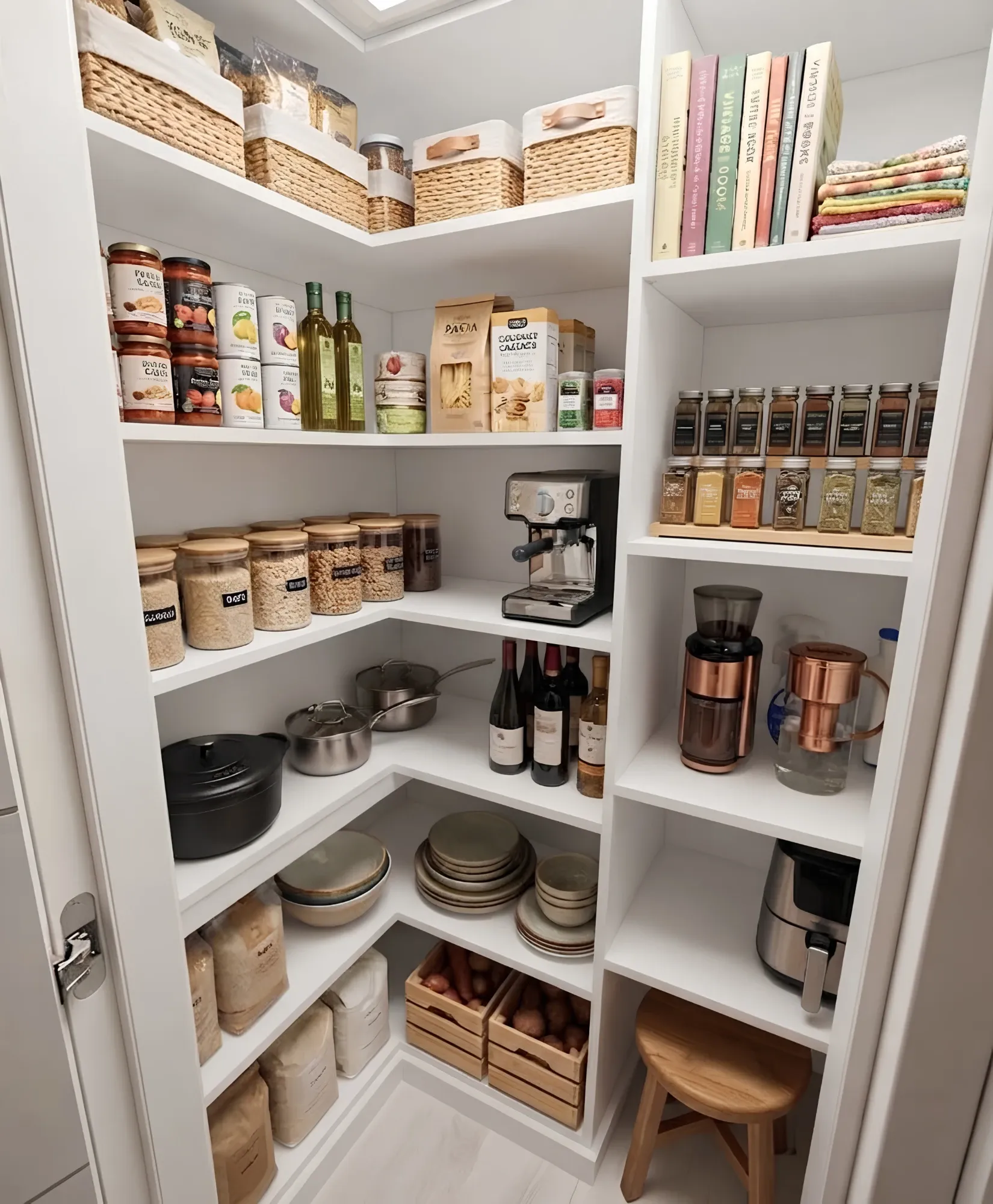 A white corner pantry shelved on two walls, jars and dry goods at eye level with baskets above and small appliances below