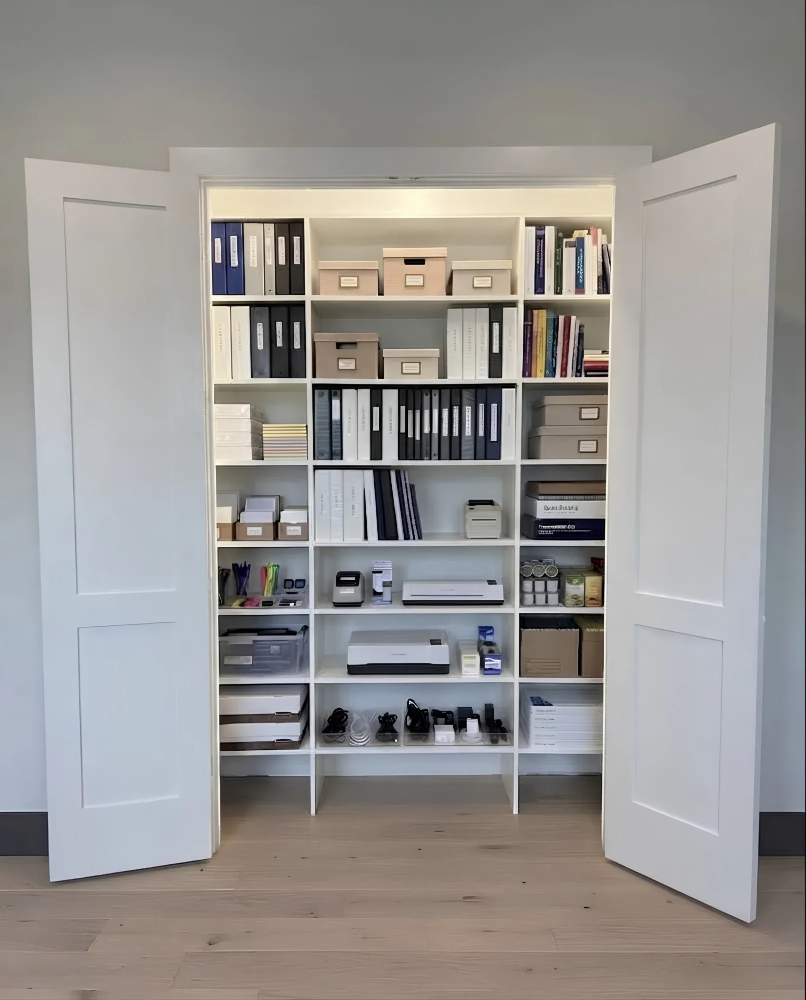 A white office storage closet behind double doors, seven shelves of binders, boxes and printers built the full width of the opening