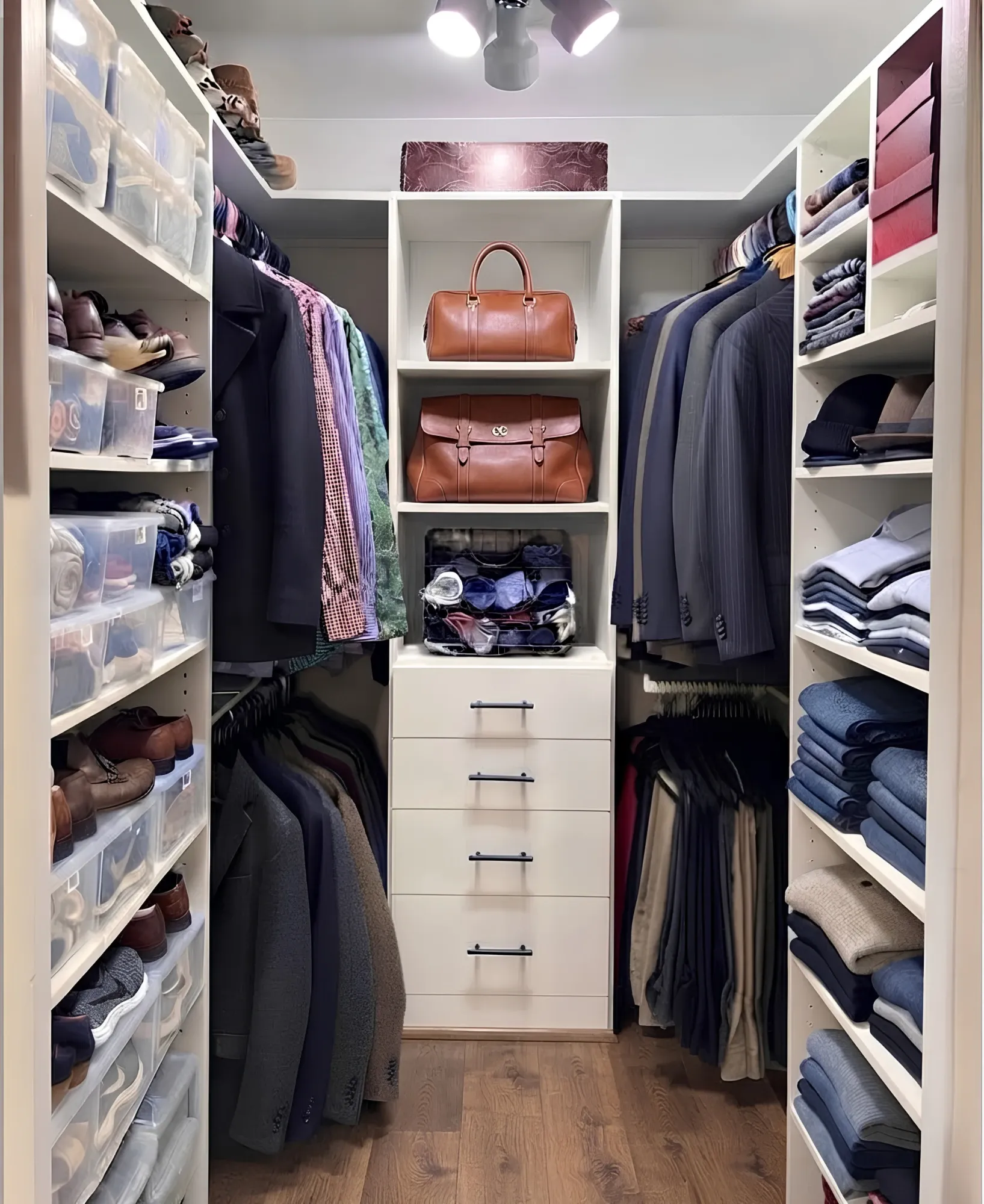 A narrow cream walk-in closet, suits and shirts hung at two levels on both sides with shoe shelving to the ceiling and four drawers in the end tower