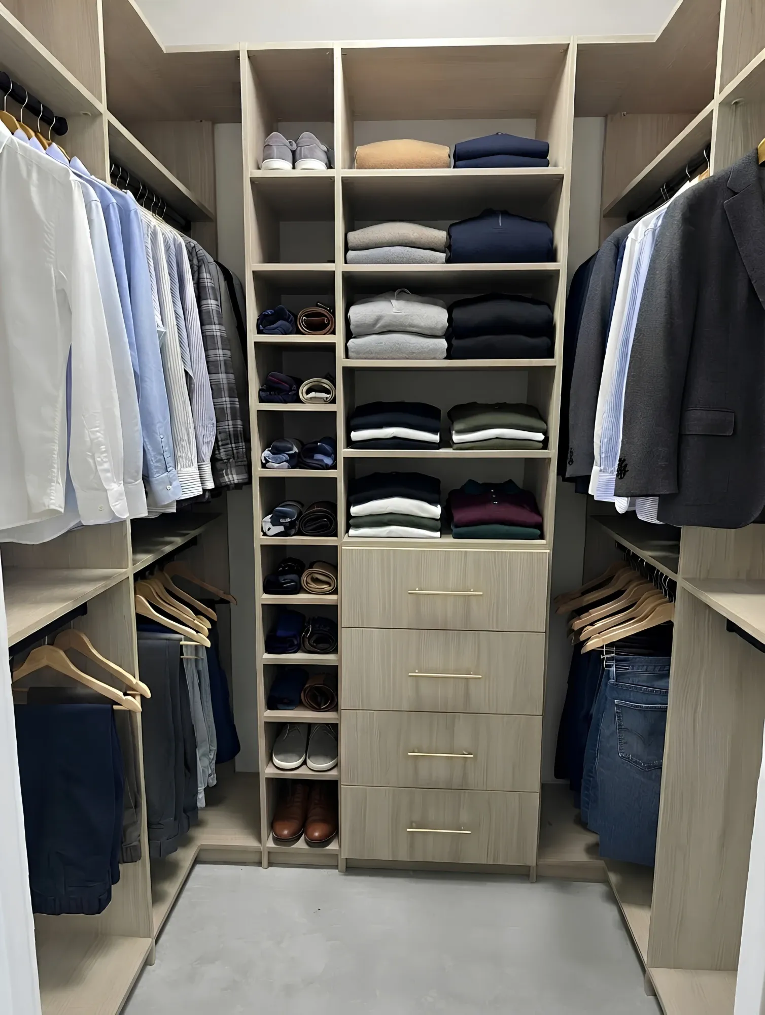 A light oak walk-in closet with hanging at two levels on both walls, a narrow tower of belt and sock cubbies and folded shelving over four drawers
