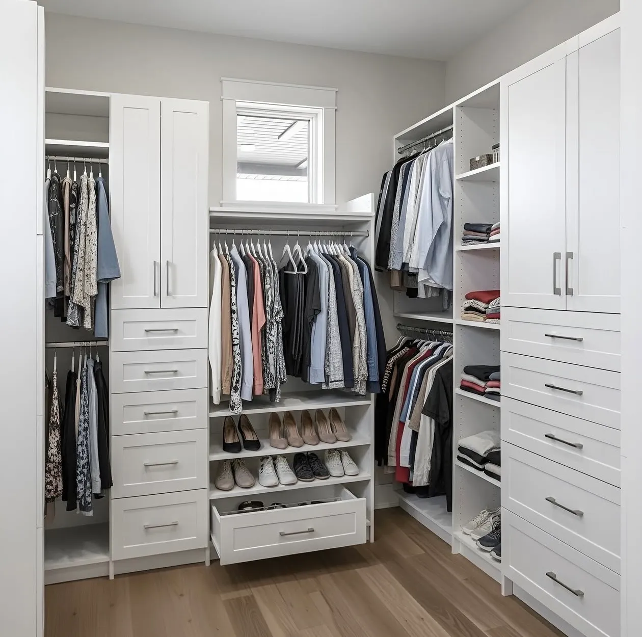 A white walk-in closet built around a window, with a five-drawer tower, double hanging either side and shoe shelving over an open drawer