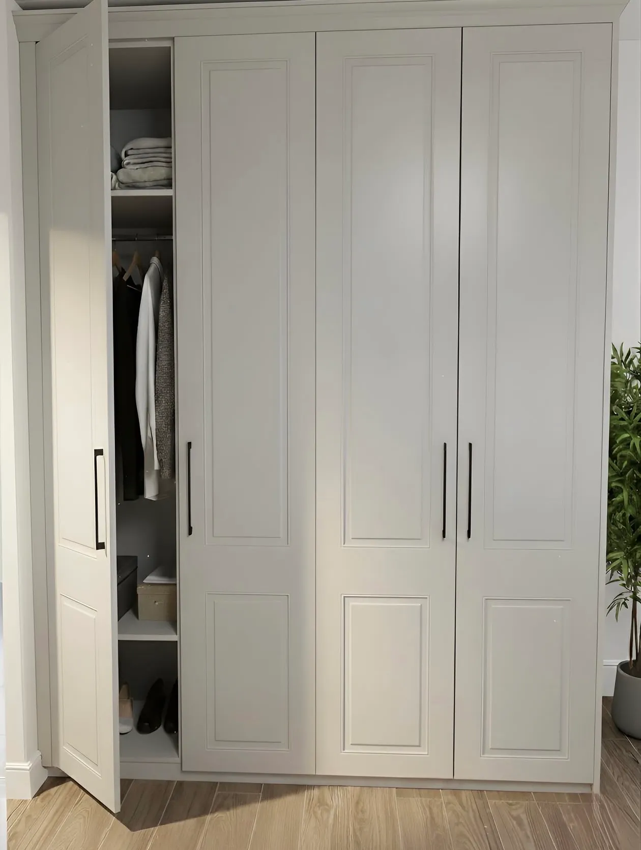 A built-in wardrobe with panelled doors run to the ceiling, one door open on hanging over shelving and shoes