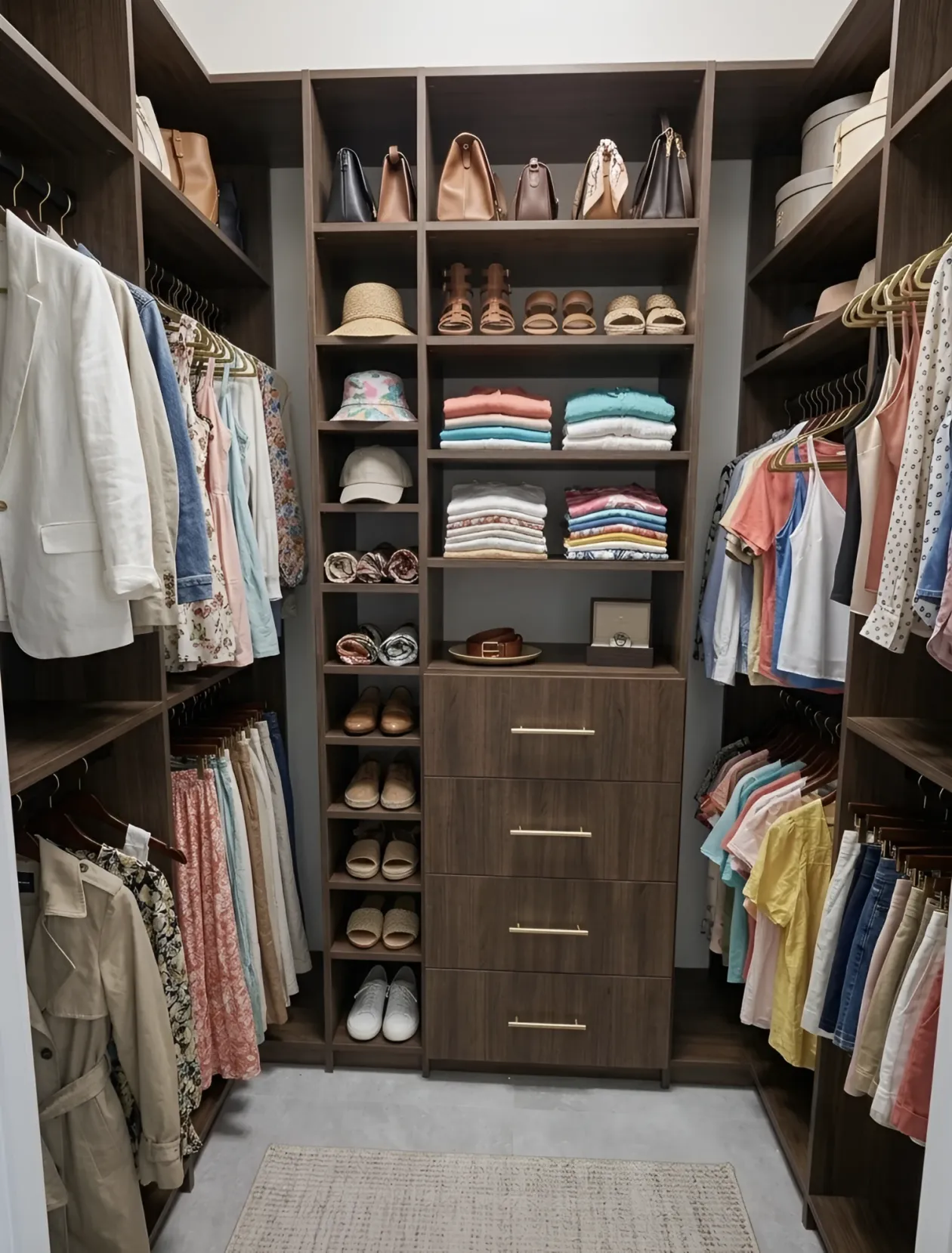 A dark walnut walk-in closet with hanging down both walls, a centre tower of shoe and hat shelving and a four-drawer bank