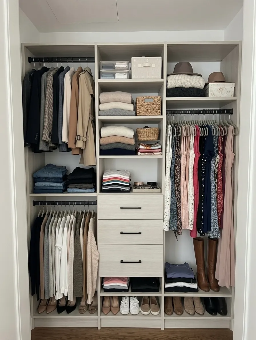 A pale oak reach-in closet with coats and dresses double hung either side of a three-drawer tower under folded shelving