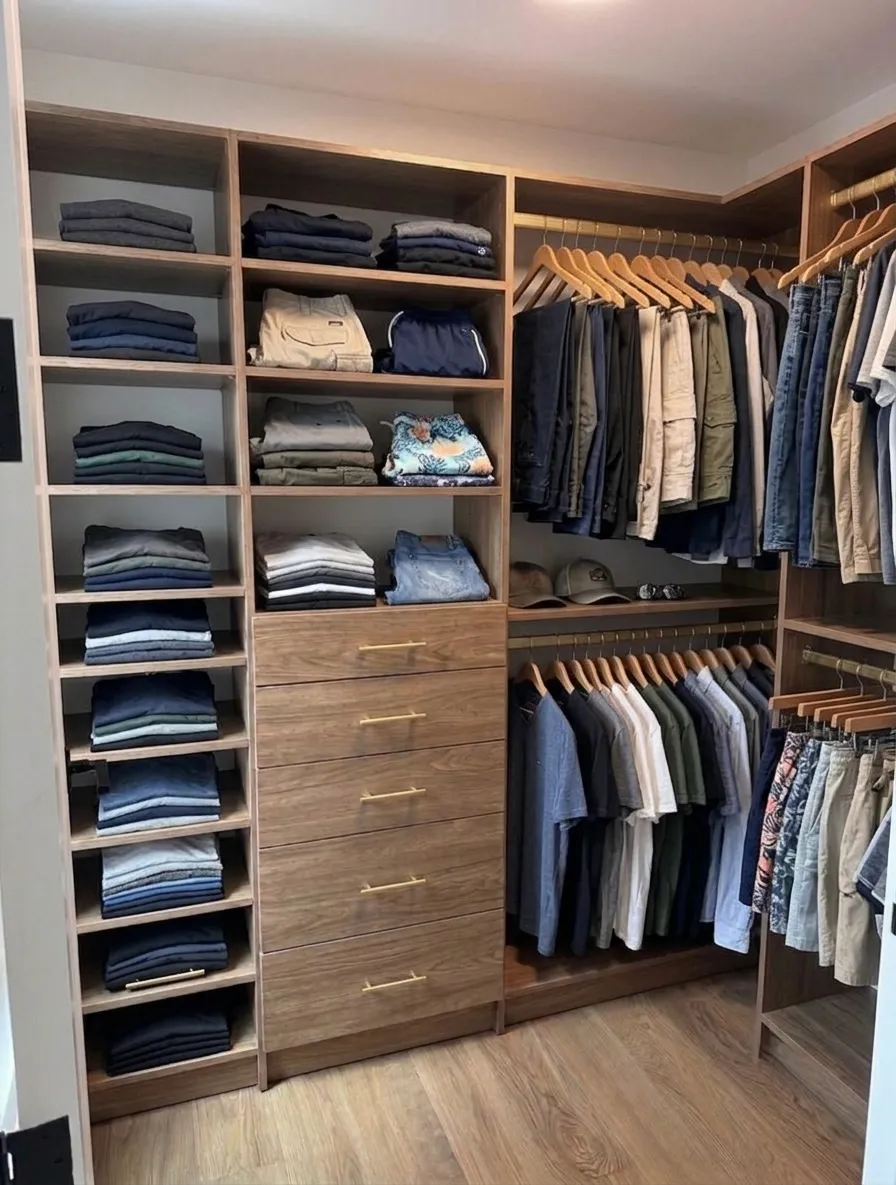 A warm oak walk-in closet with a wall of folded shelving, a five-drawer tower and shirts and jackets hung at two levels