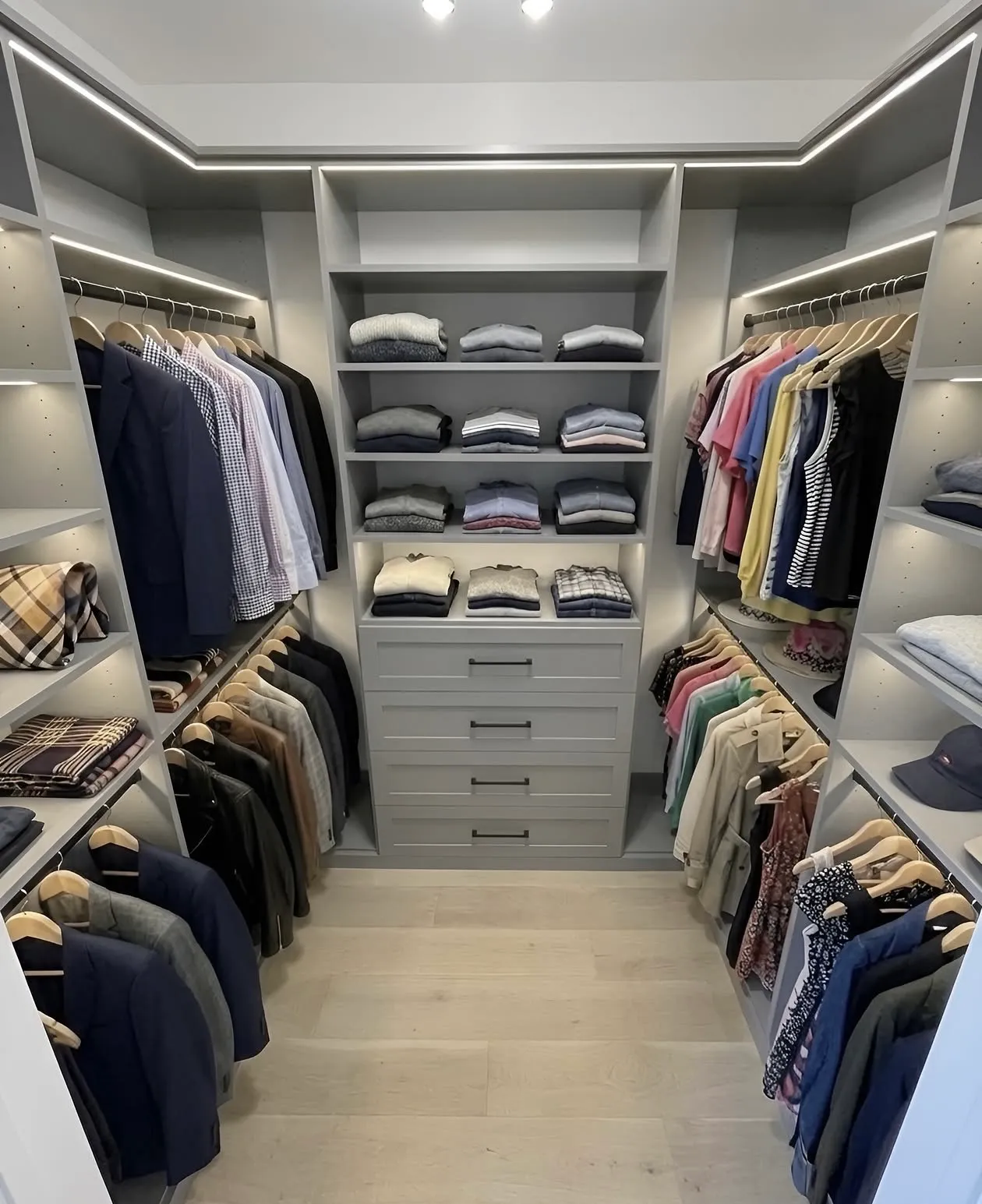 A grey walk-in closet with LED-lit shelving, double hanging on both walls and a four-drawer tower under folded stacks