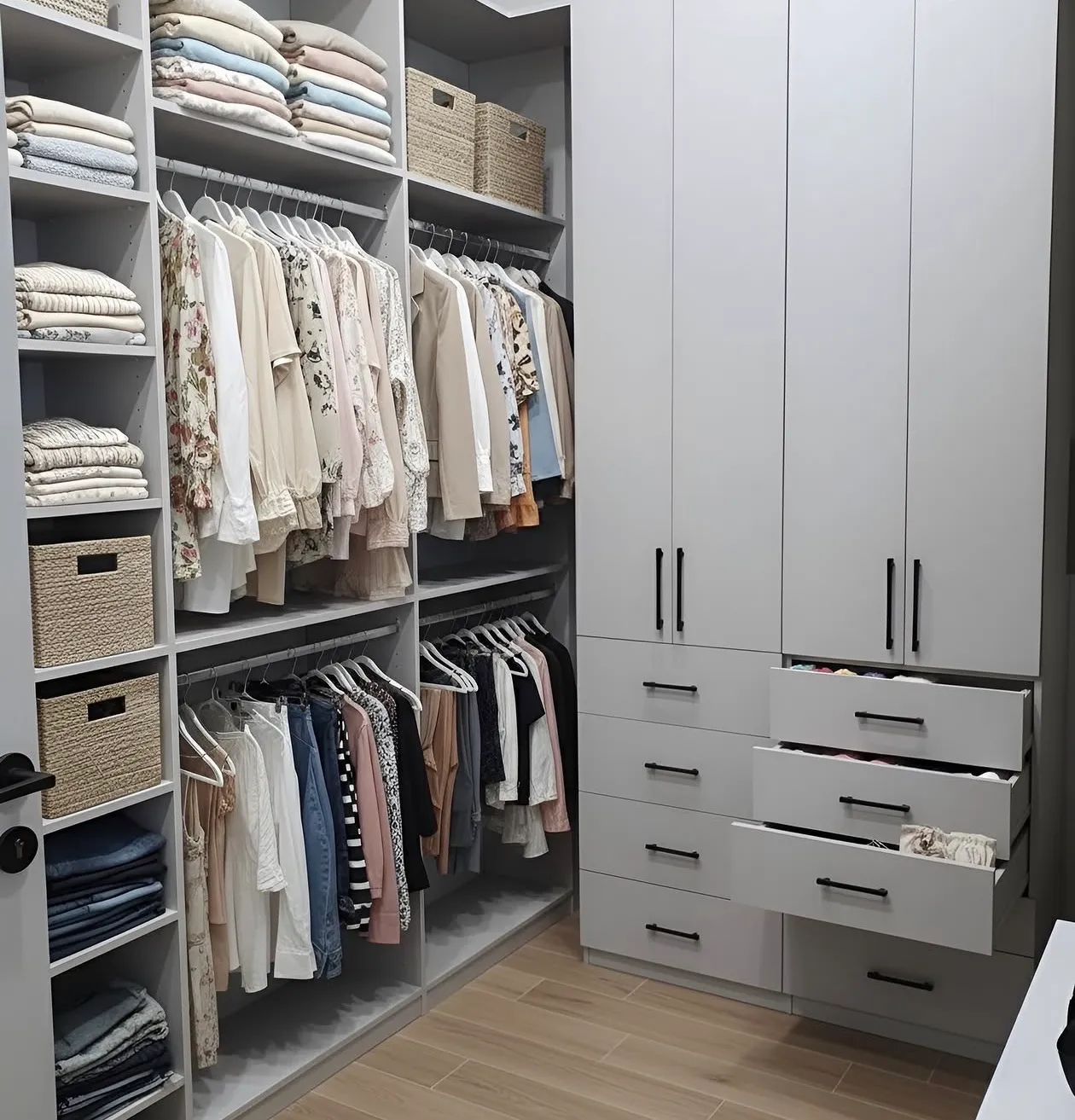A grey walk-in closet with hanging and baskets on the left and a run of tall doors over four drawers, three of them pulled open