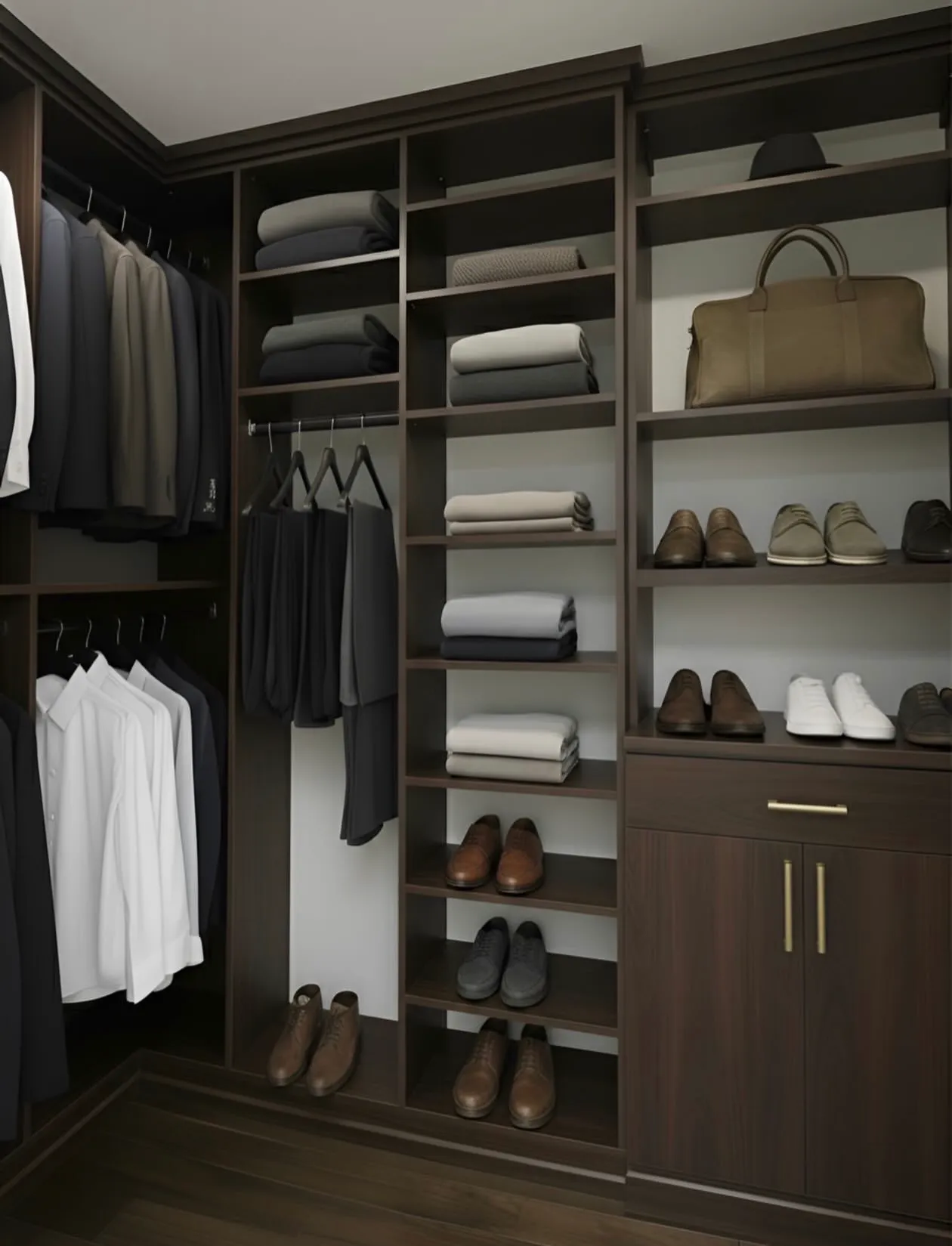 A dark walnut walk-in closet with suits hung on the left, folded shelving down the middle and shoes on angled shelves to the right