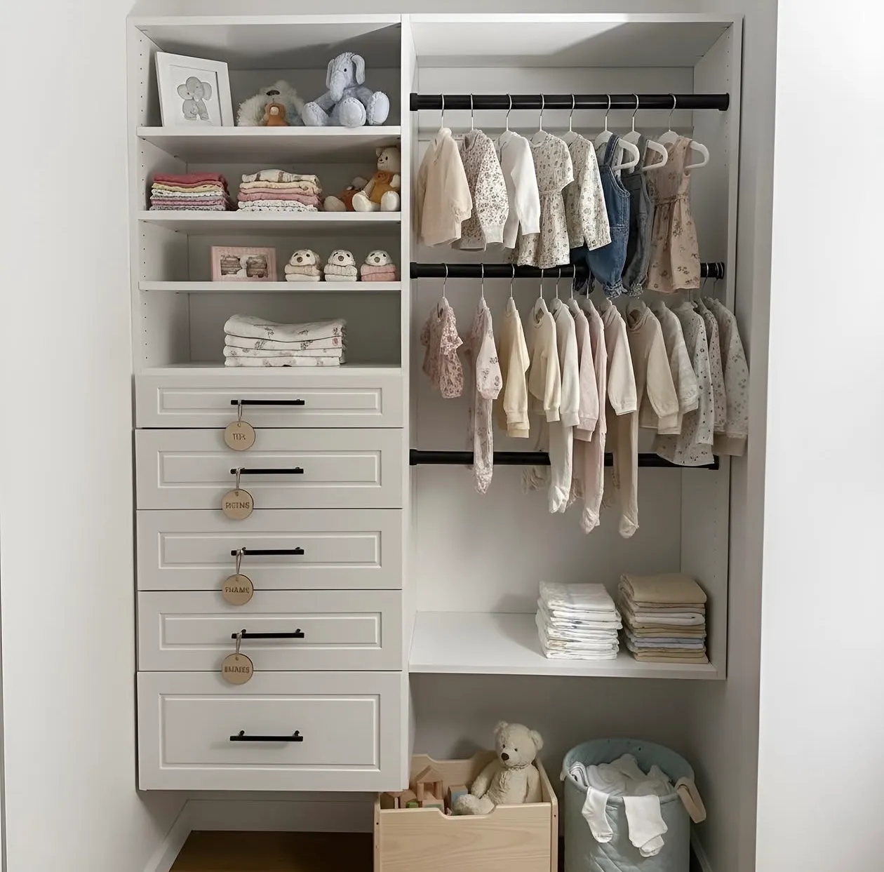 A nursery closet with three hanging rails sized for baby clothes, open shelving for toys and a five-drawer tower with labelled wooden tags