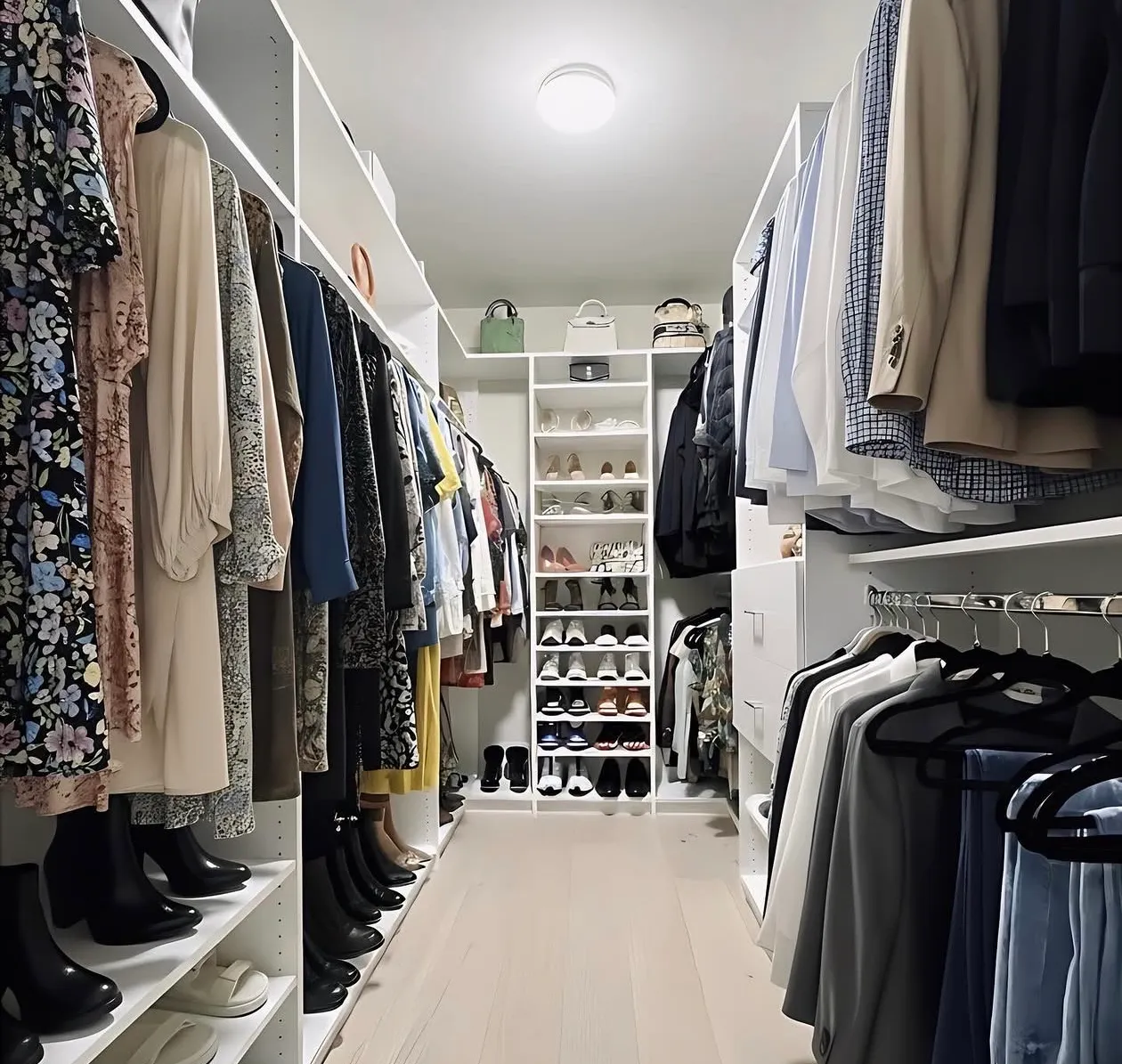 A narrow walk-in dressing room in a North York home, hanging down both walls with a full shoe tower at the far end