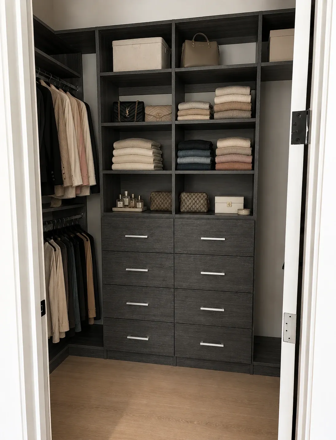 A charcoal oak reach-in closet seen through its doorway, hanging at two levels beside a tower of folded shelving over eight drawers