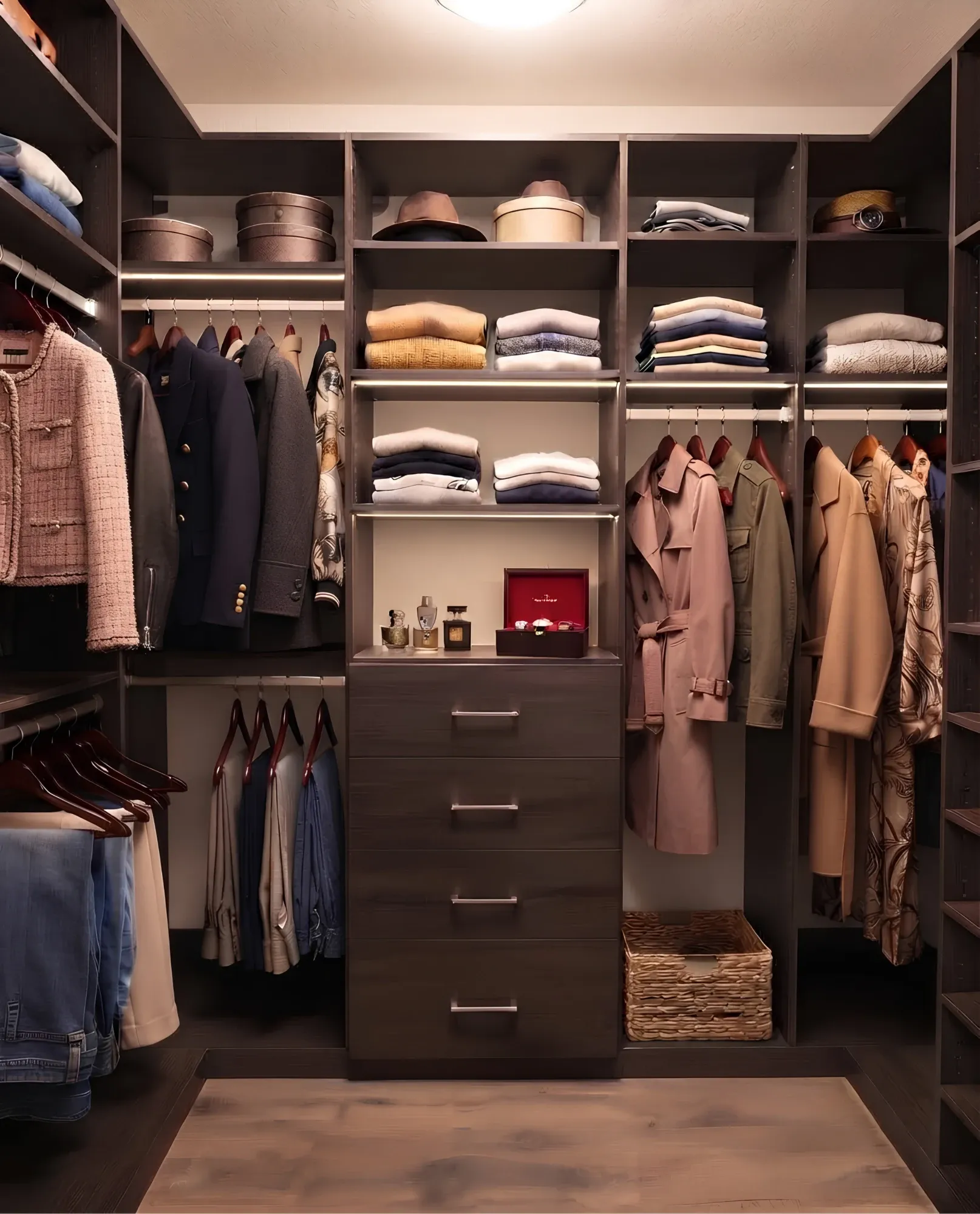 An espresso walk-in closet lit along every shelf, hanging at two levels on both walls and folded shelving carried to the ceiling above a drawer tower