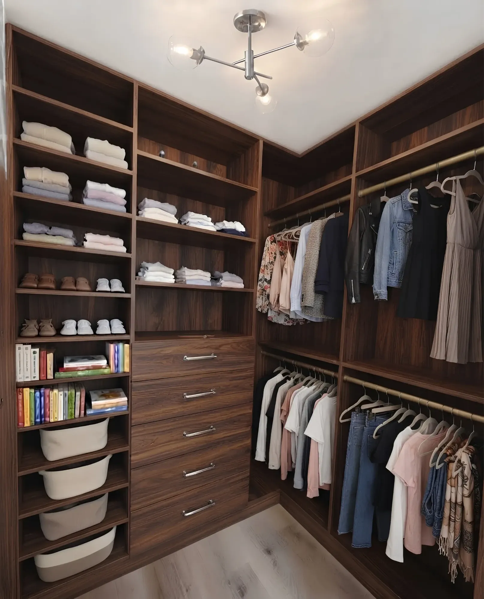 A walnut walk-in closet turning a corner, folded shelving and drawers down one wall and hanging at two levels on the others under a glass pendant