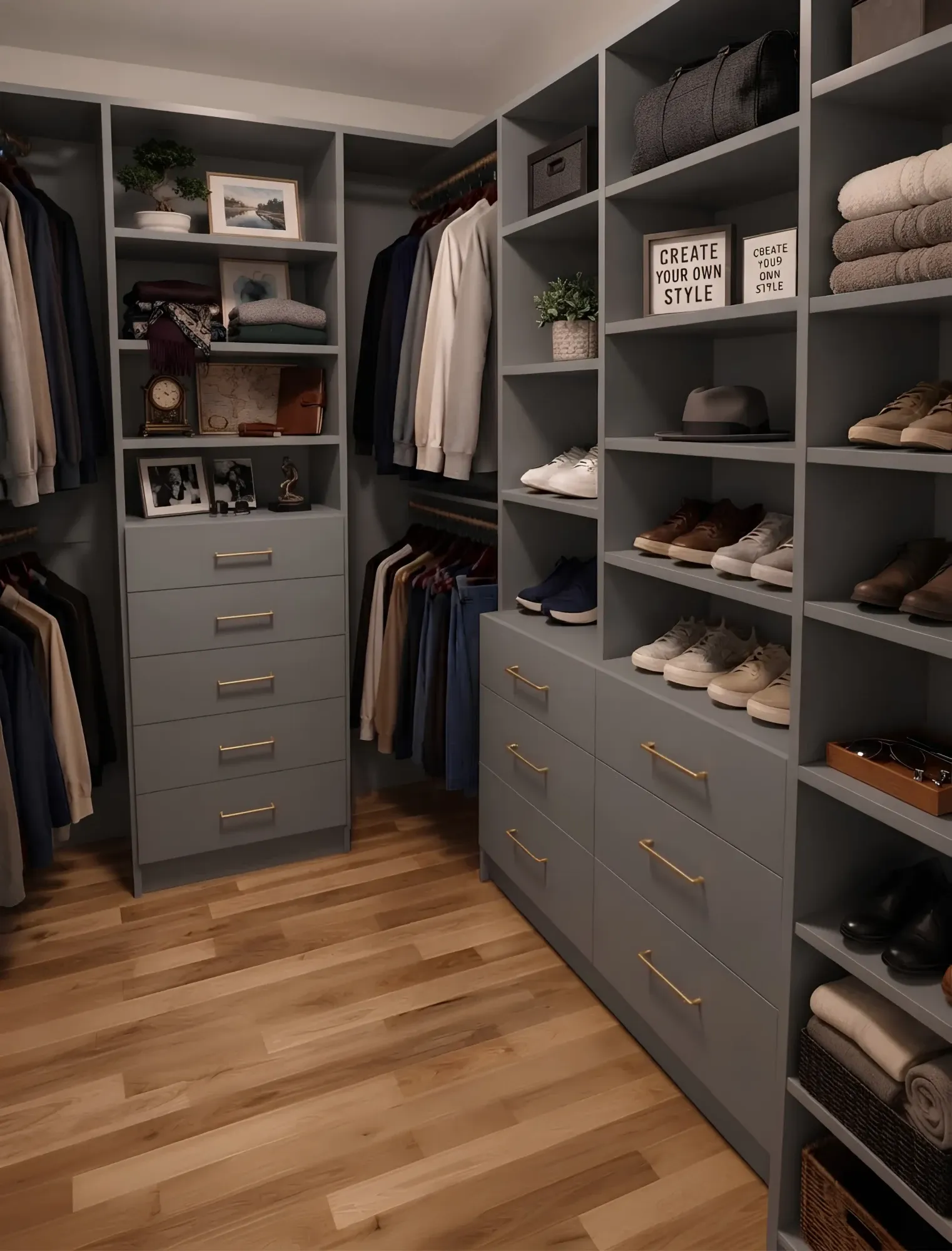 A grey walk-in closet with brass pulls, a five-drawer tower between two hanging runs and a full wall of shoe shelving opposite