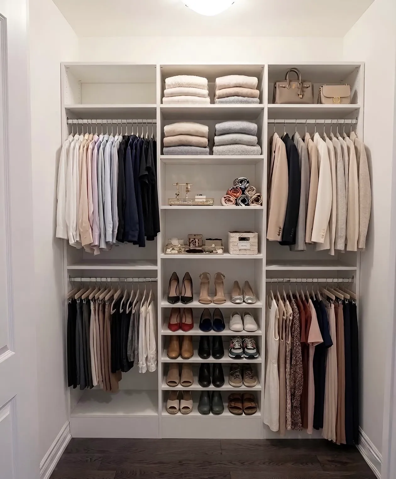 A white reach-in closet with hanging either side of a centre tower holding folded clothes and eight shelves of shoes