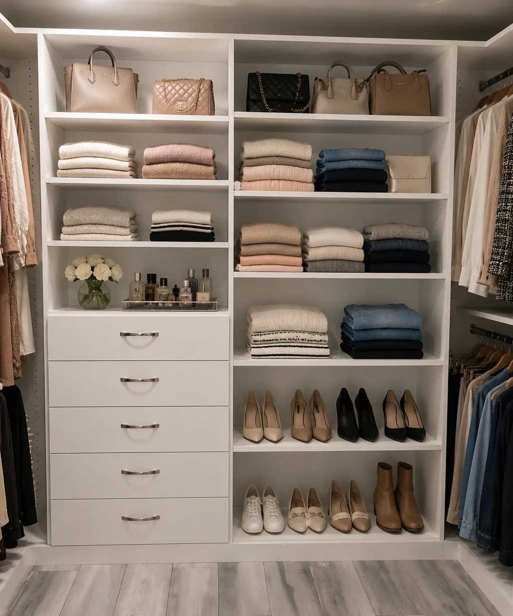 A white condo walk-in with a centre tower of folded shelving over five drawers, bags above and shoes on angled shelves, hanging down both side walls