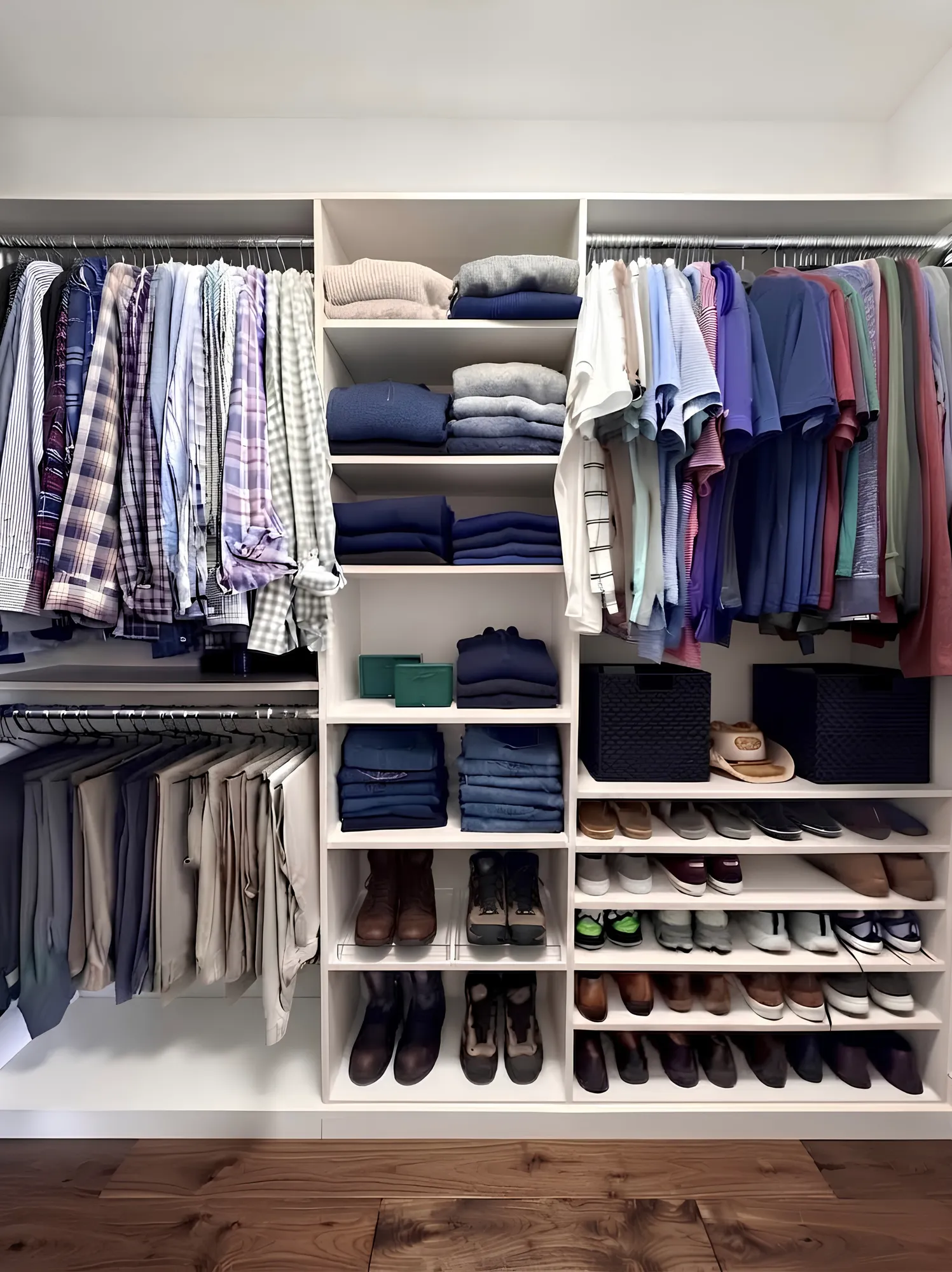 A white condo closet hung at two levels on both walls with a centre tower of folded shelving and shoe shelving carried to the floor