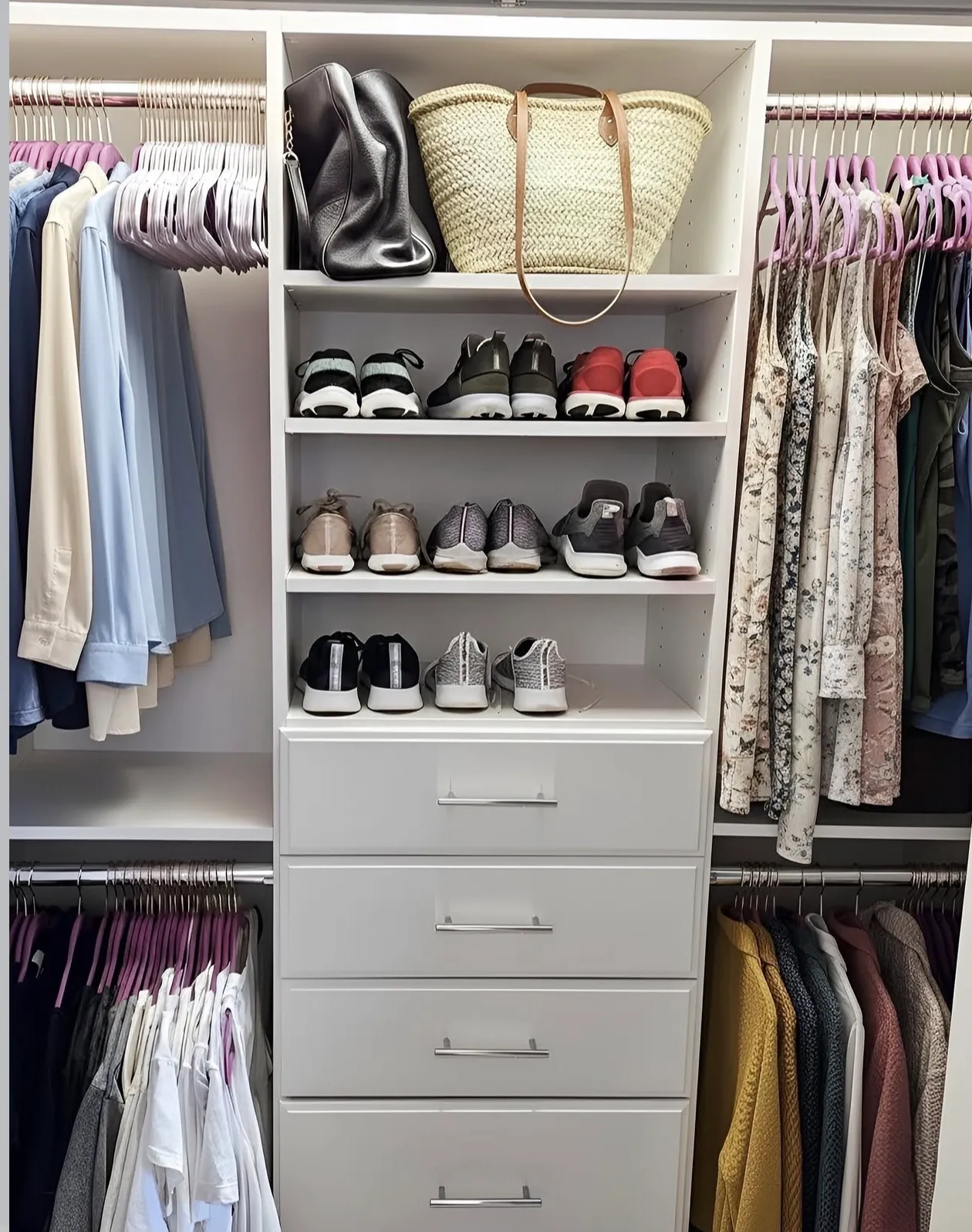 A white condo reach-in with double hanging either side of a centre tower, shoes on three shelves above a bank of four drawers