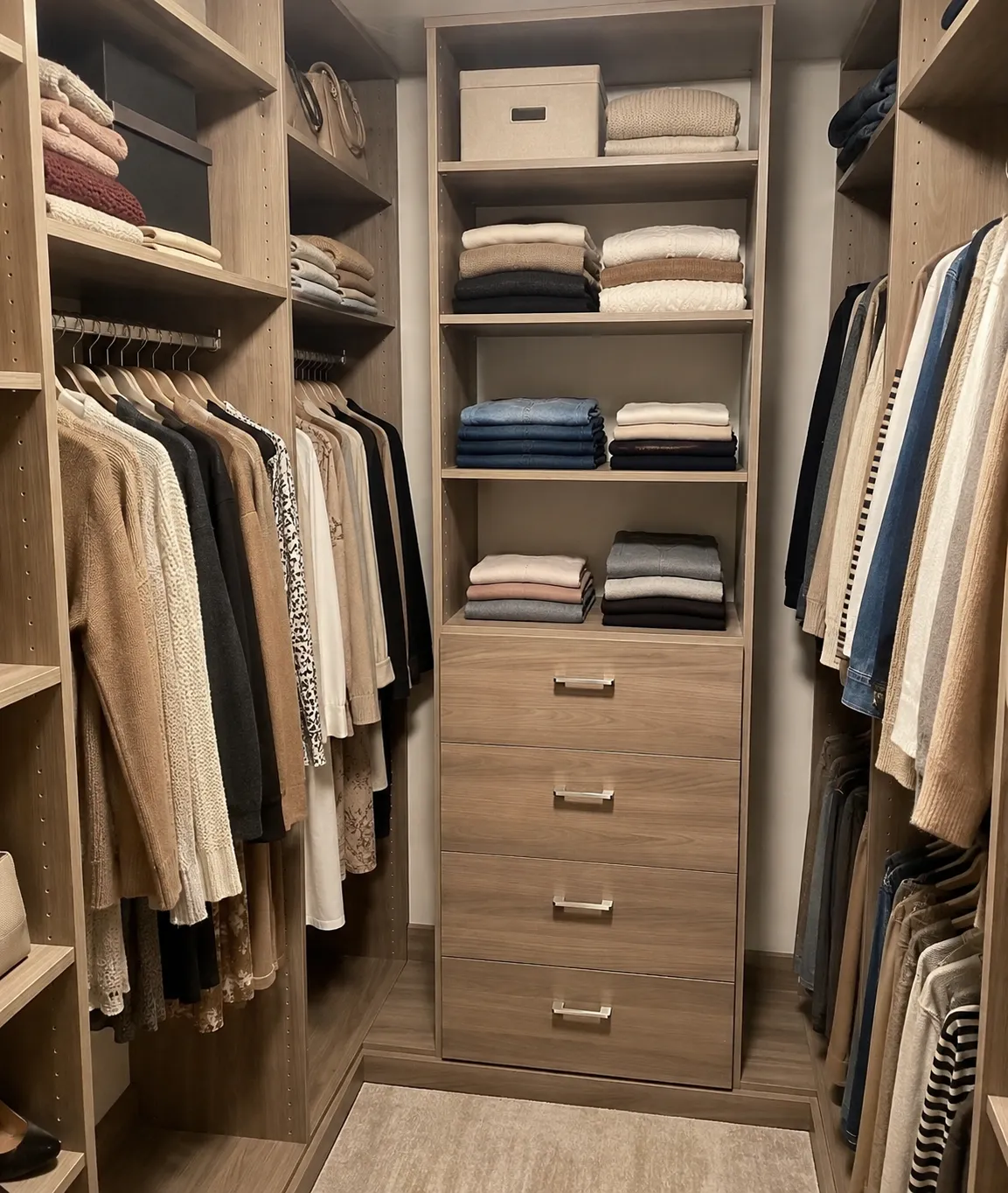 A warm oak condo walk-in, hanging at two levels on both walls with folded shelving above a four-drawer tower at the end