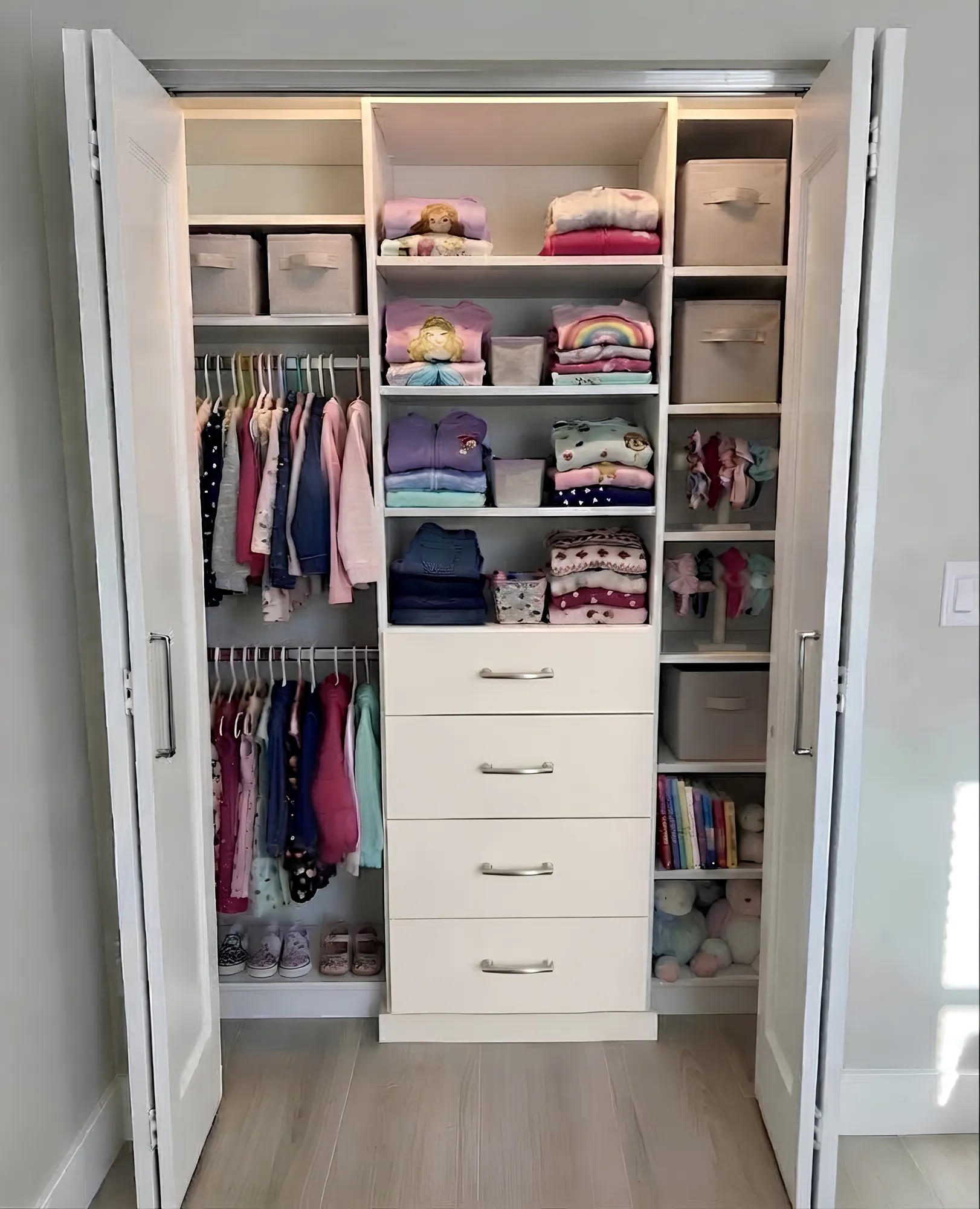 A white children's reach-in behind bifold doors, hanging at a reachable height with folded shelving and four drawers in the centre tower