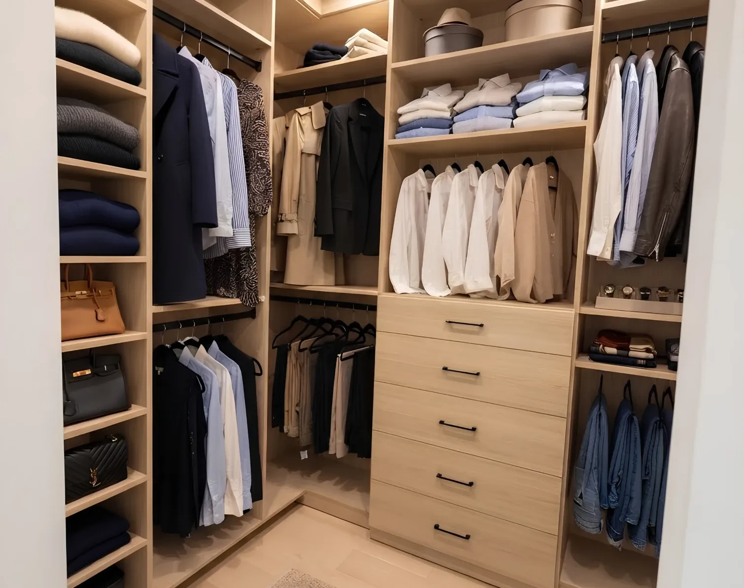A pale oak walk-in closet, coats and shirts hung at two levels on both walls, folded knitwear and bags on the open shelving and a five-drawer tower in the middle