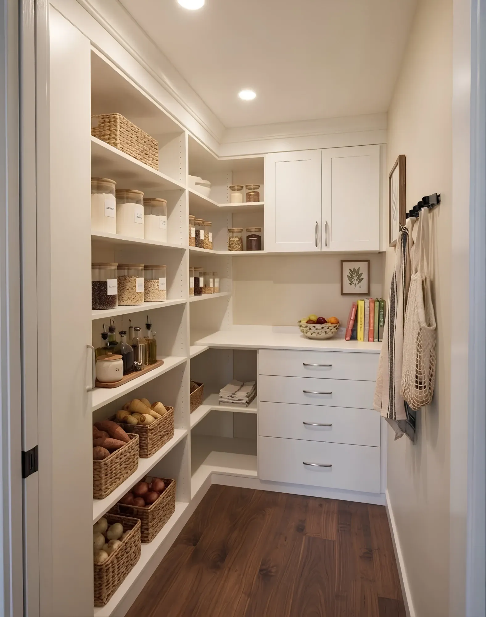 A white walk-in pantry with labelled jars on adjustable shelving, a counter with drawers beneath it and baskets of potatoes and onions on the lower shelves