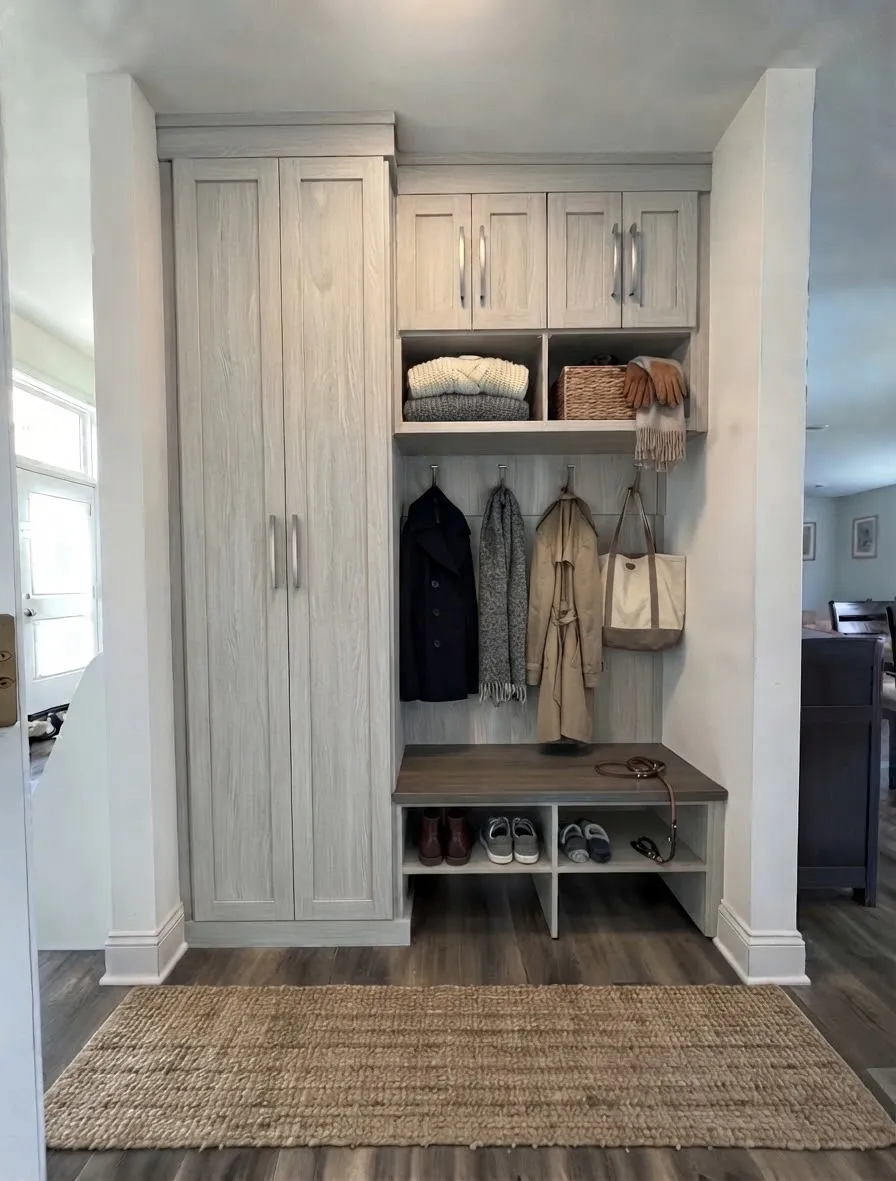A pale oak mudroom by the back door: a tall cupboard beside hooks on a panelled backer, folded knitwear and a basket on the shelf above and a bench with shoe storage under it