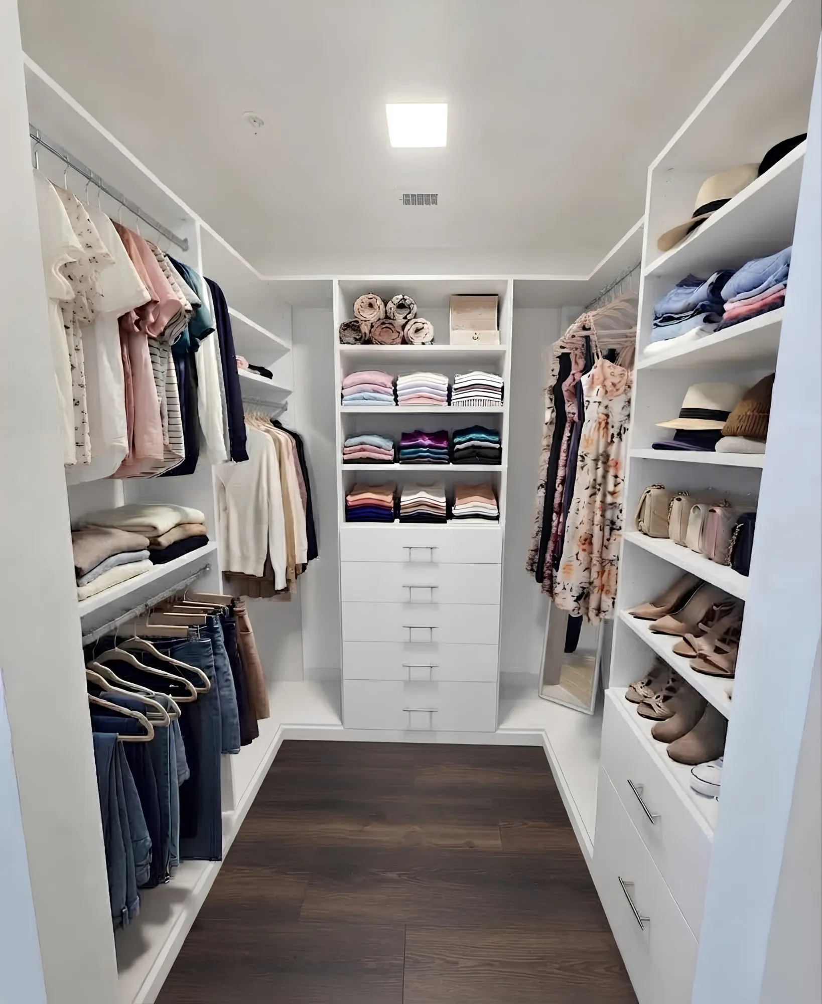A white walk-in closet hung at two levels on both walls, a centre tower of folded shelving over five drawers and shoes on angled shelves