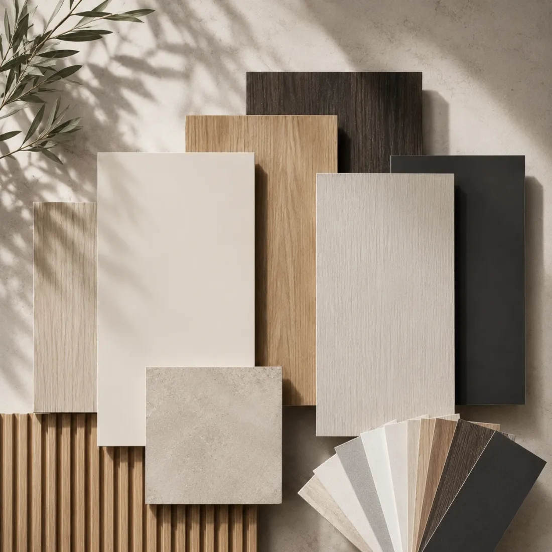 A flat lay of TFL melamine sample panels — cream, natural oak, grey woodgrain, dark walnut, matte black and a stone-look surface — beside a fan of edgebanding samples