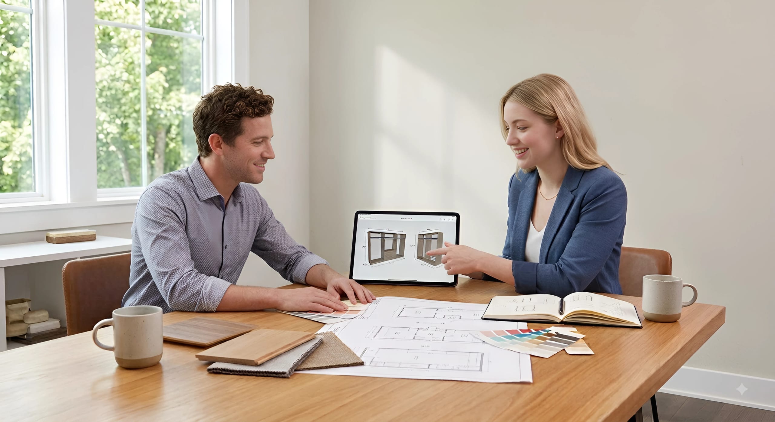 A Closet Form designer going through floor plans, a 3D closet layout and finish samples with a homeowner at their kitchen table