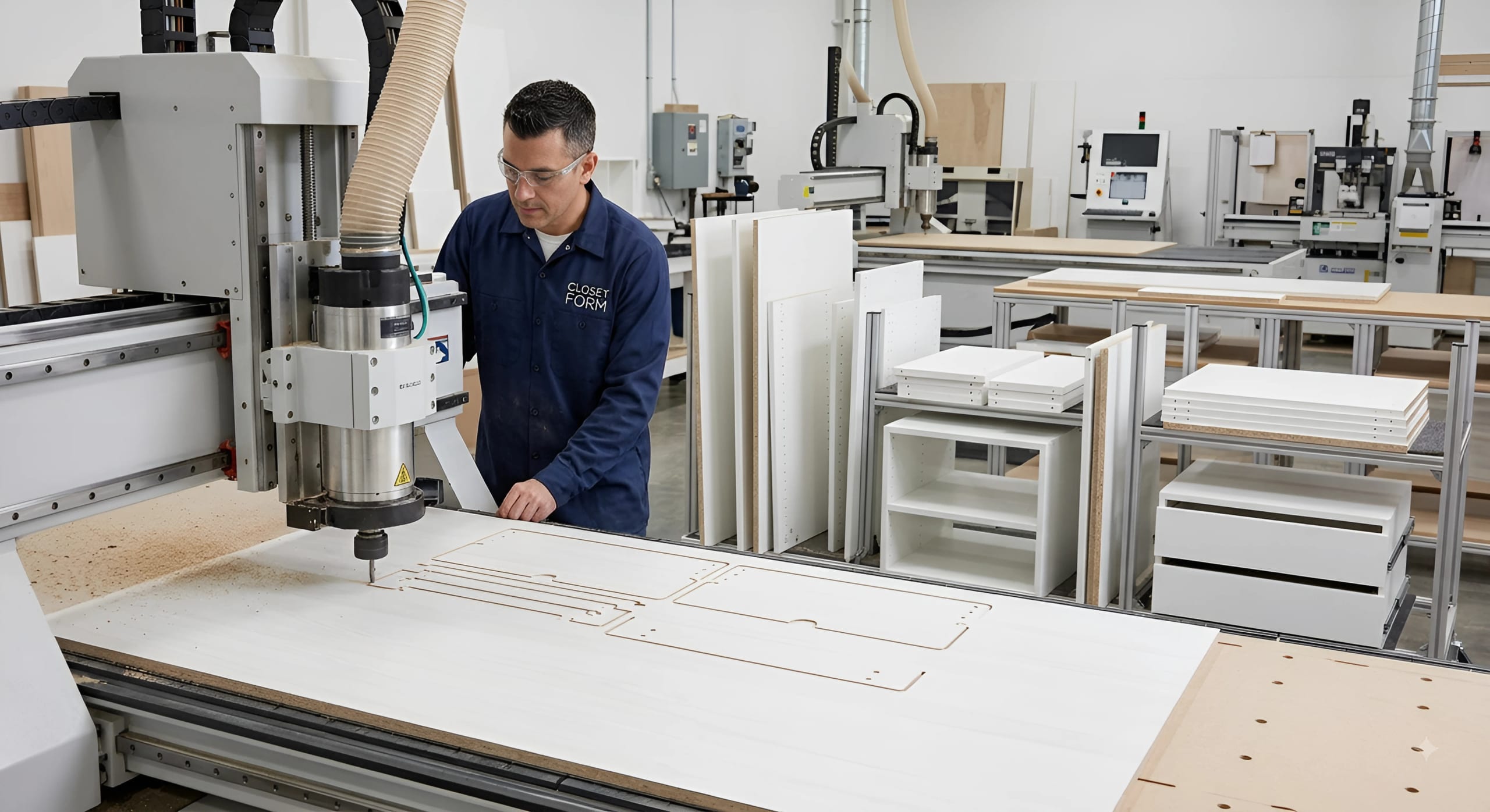 A Closet Form machinist at the CNC router, cutting a white closet panel to size in the company's Greater Toronto Area workshop