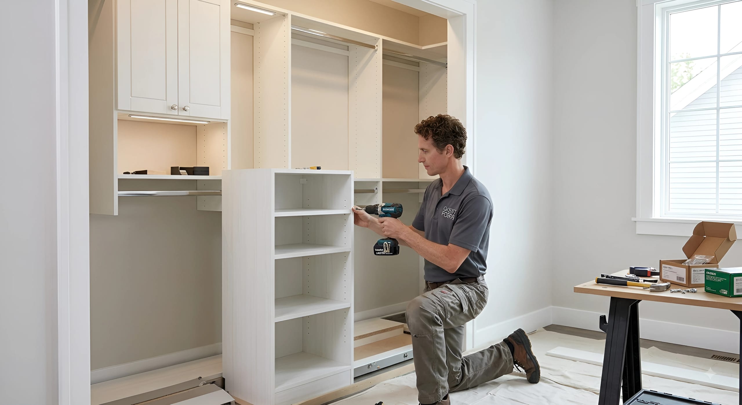 A Closet Form installer fitting a drawer tower into a new built-in closet, with the hanging rails and shelves already in place