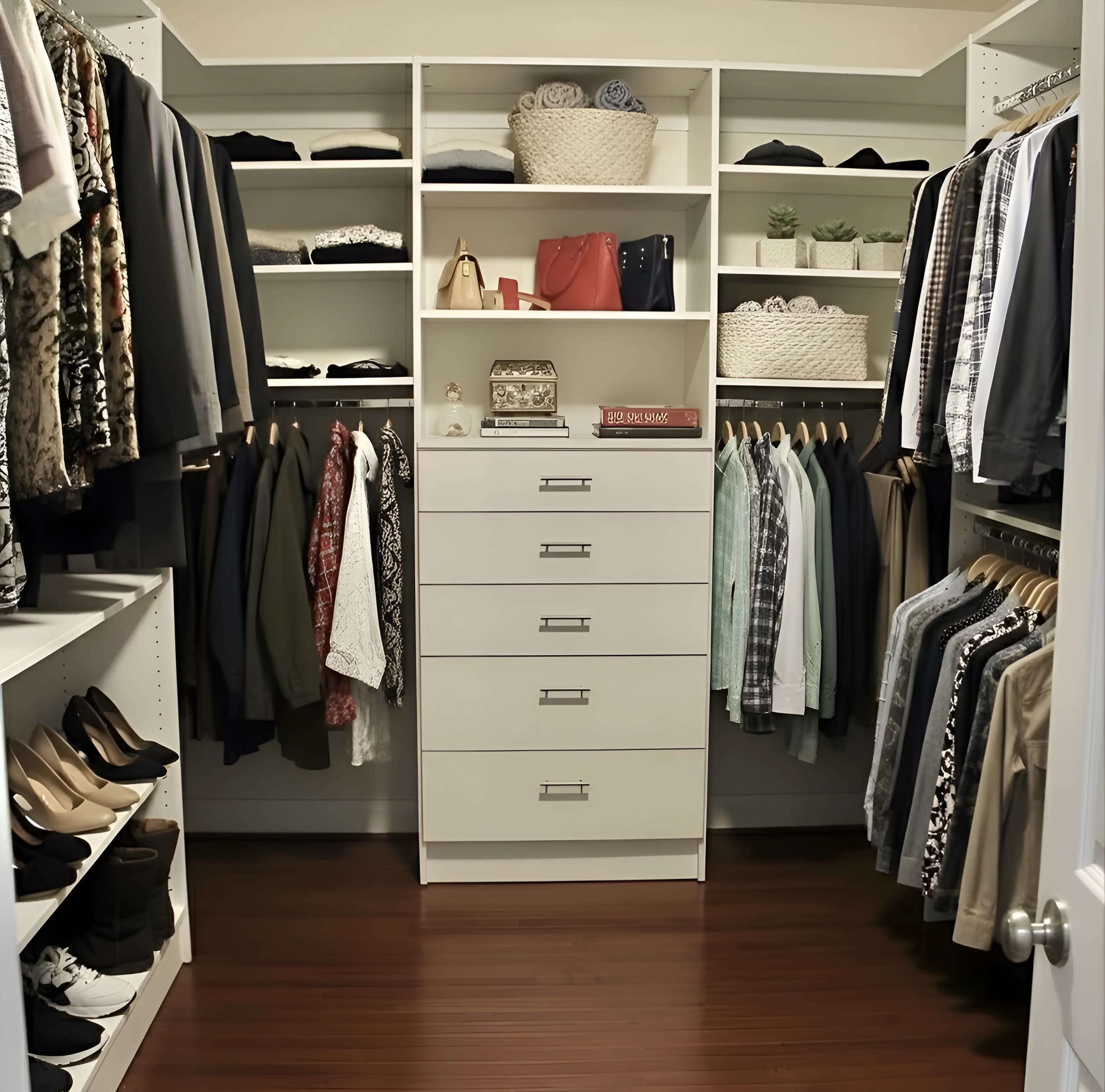 White walk-in closet with a central five-drawer tower, double hanging rails either side and a dark hardwood floor