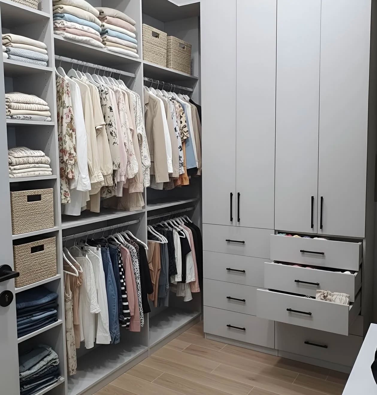 Walk-in closet with a tall double-door cabinet beside a drawer bank, with hanging rails at two heights
