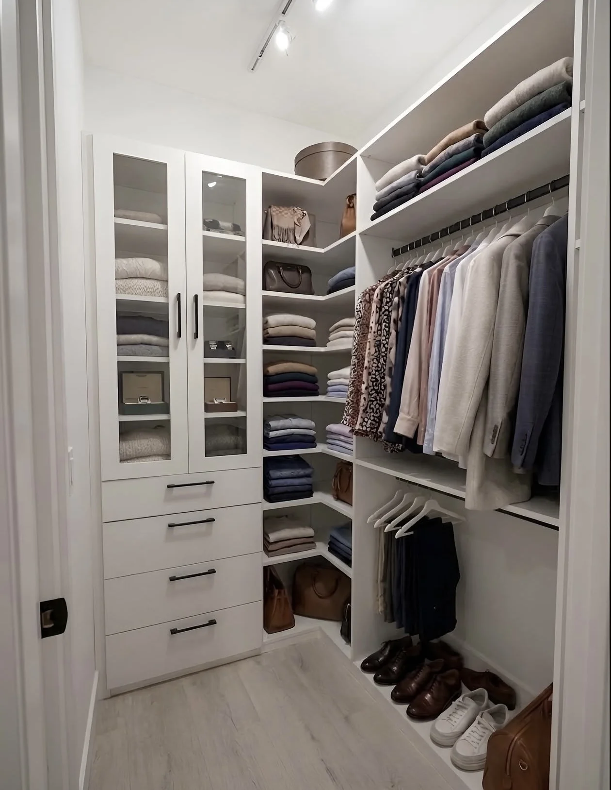 Walk-in closet with a glass-fronted cabinet, folded knitwear shelves and a lower shoe rack