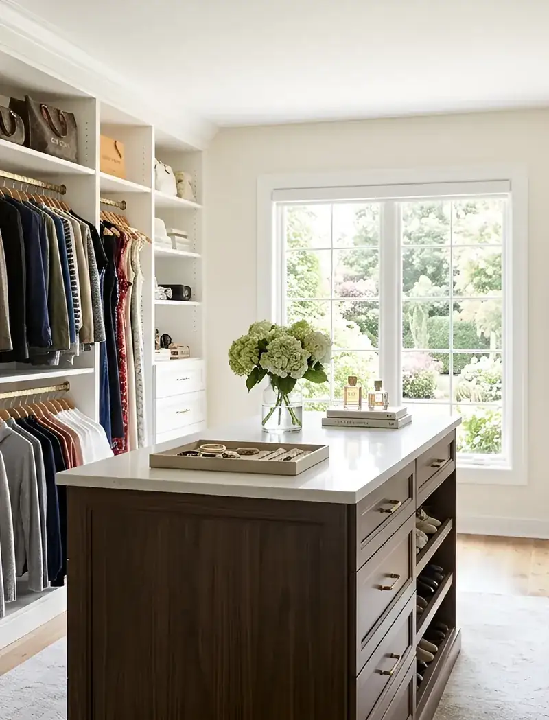 Custom walk-in closet with warm woodgrain panels, built and installed by Closet Form in Toronto
