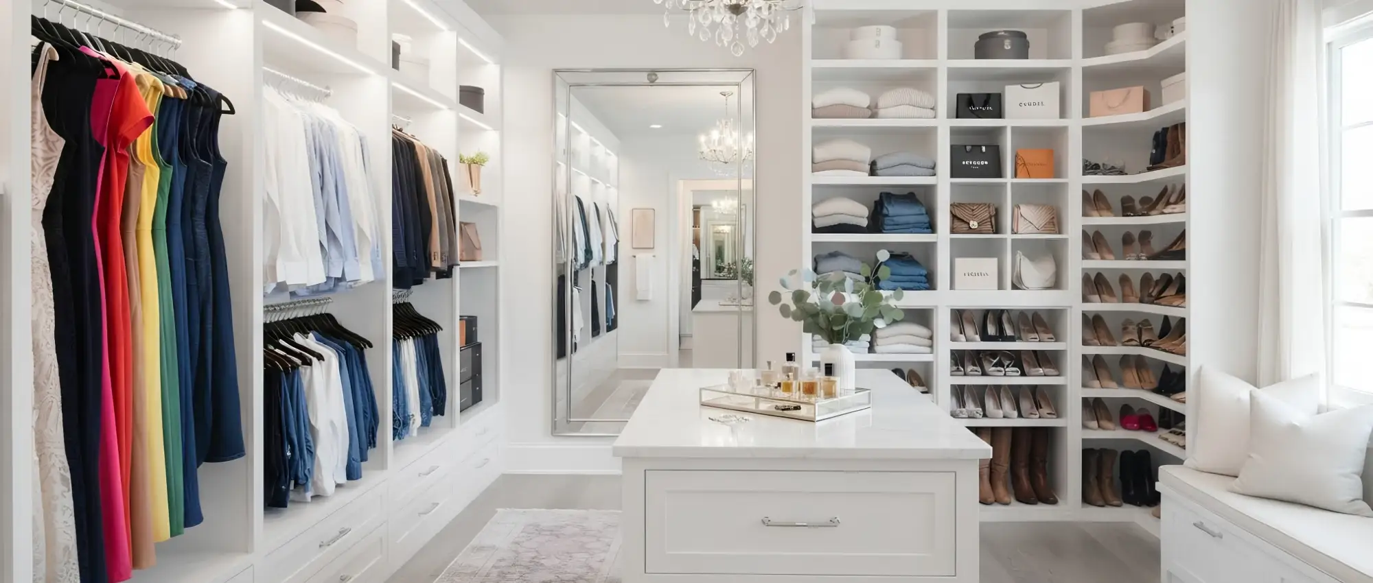 A walk-in closet with an island, fitted shelving and a mirror, built by Closet Form in Toronto