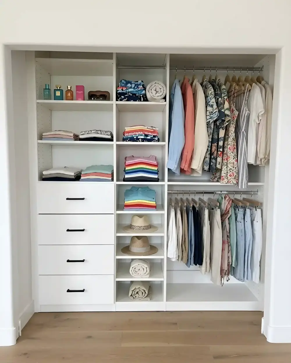 An organised white reach-in closet with double hanging rails, a bank of drawers, and shelves of folded clothes and hats