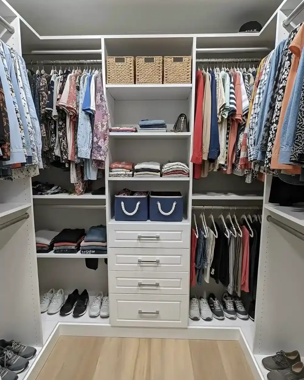 A white condo closet fitted with hanging rails, a drawer tower, canvas storage bins and angled shoe shelves