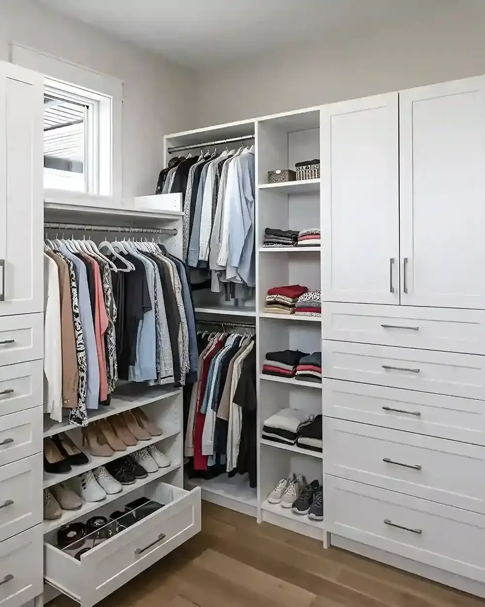 A shared walk-in closet with hanging on both sides, shoe shelving and a window between them