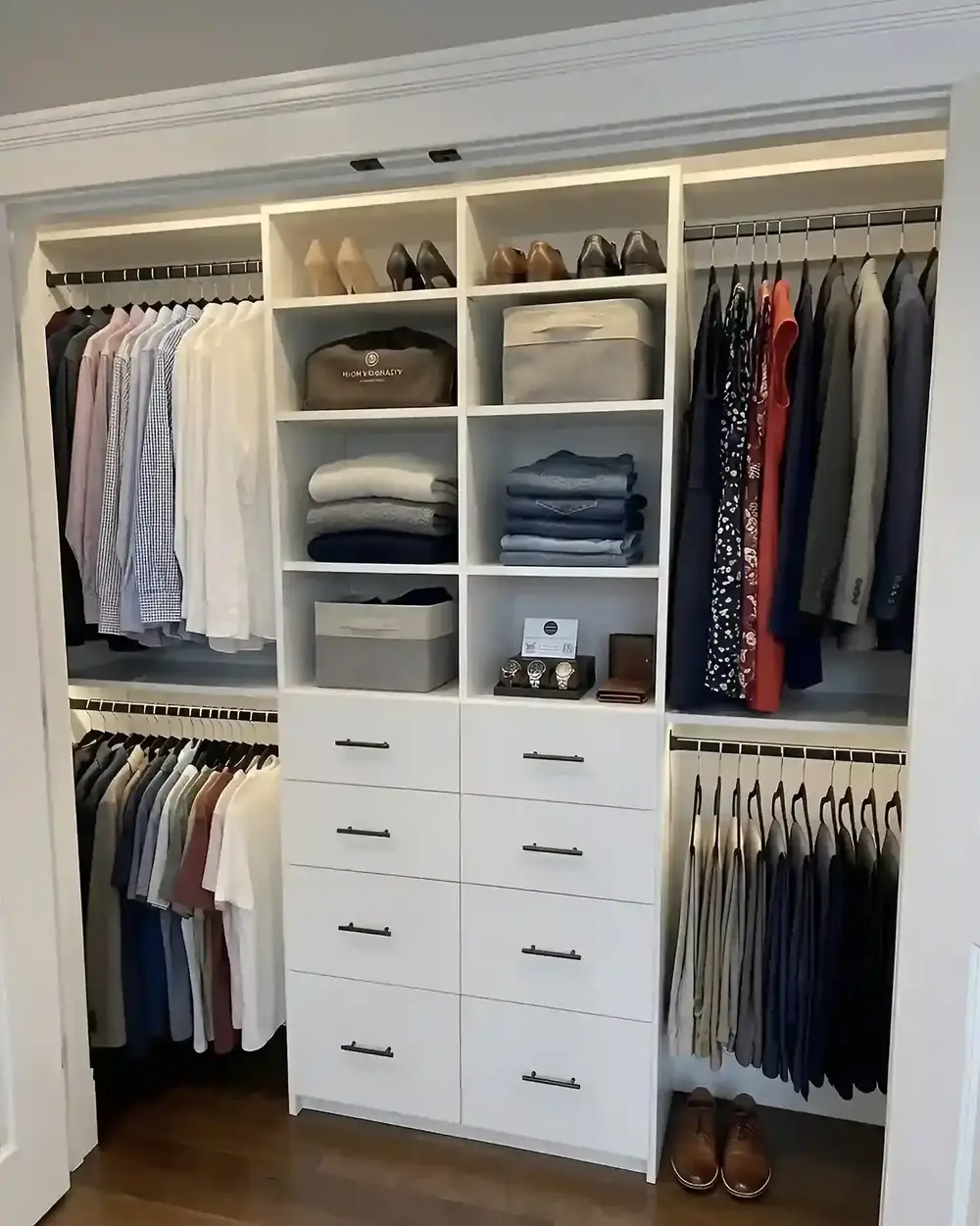 A white walk-in closet with lit upper shelves, double hanging and two banks of drawers