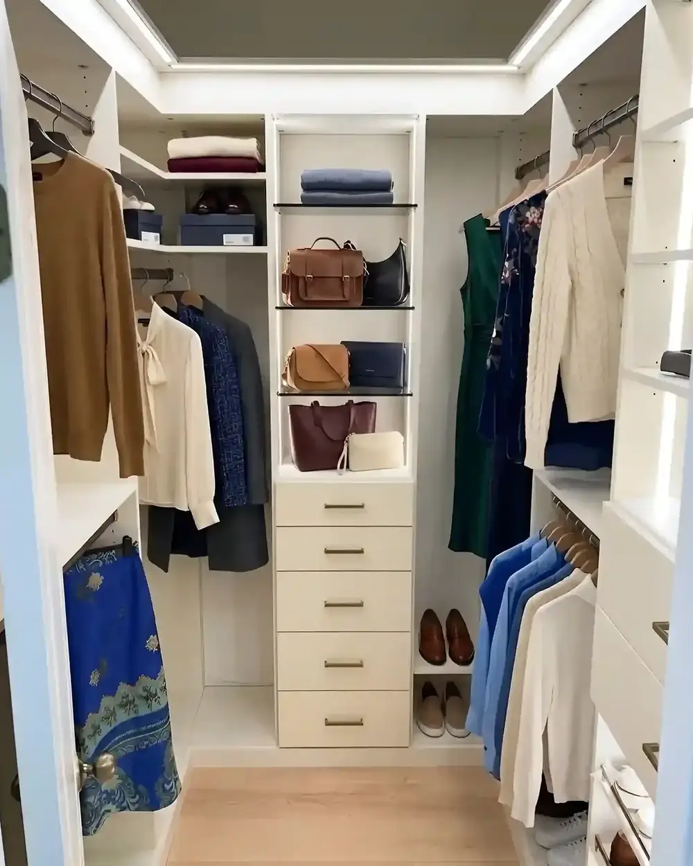 A fitted white closet with a drawer stack, handbags on an open shelf and hanging clothes either side