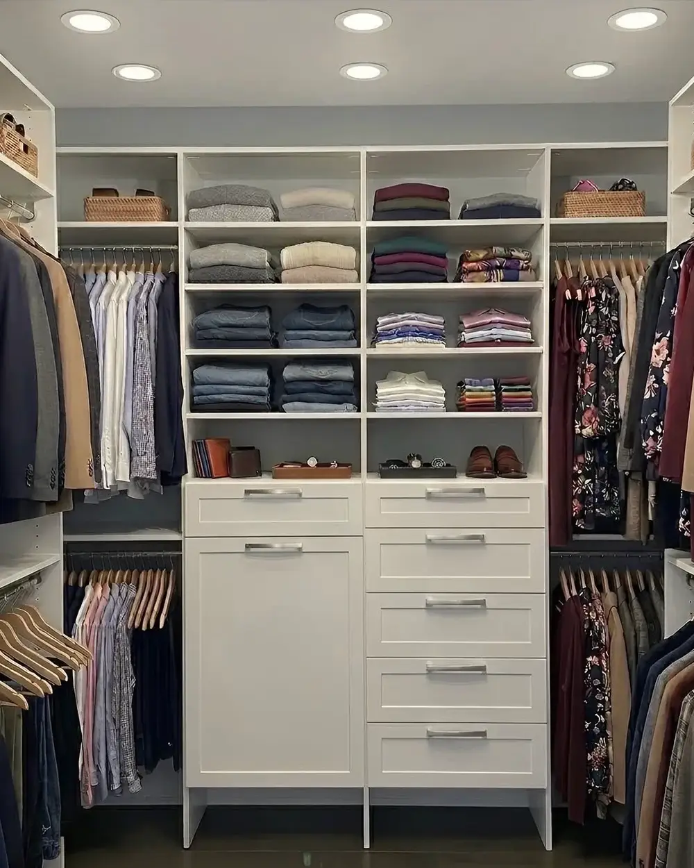 A white walk-in closet with baskets on the upper shelves, drawer banks and full-height hanging