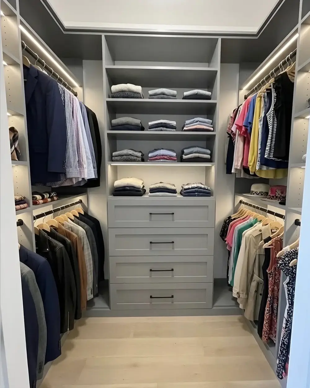 A compact walk-in closet with lit shelves, a drawer bank and hanging down both sides