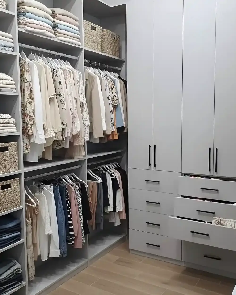 A white walk-in closet with stacks of folded clothes, hanging rails and a drawer bank