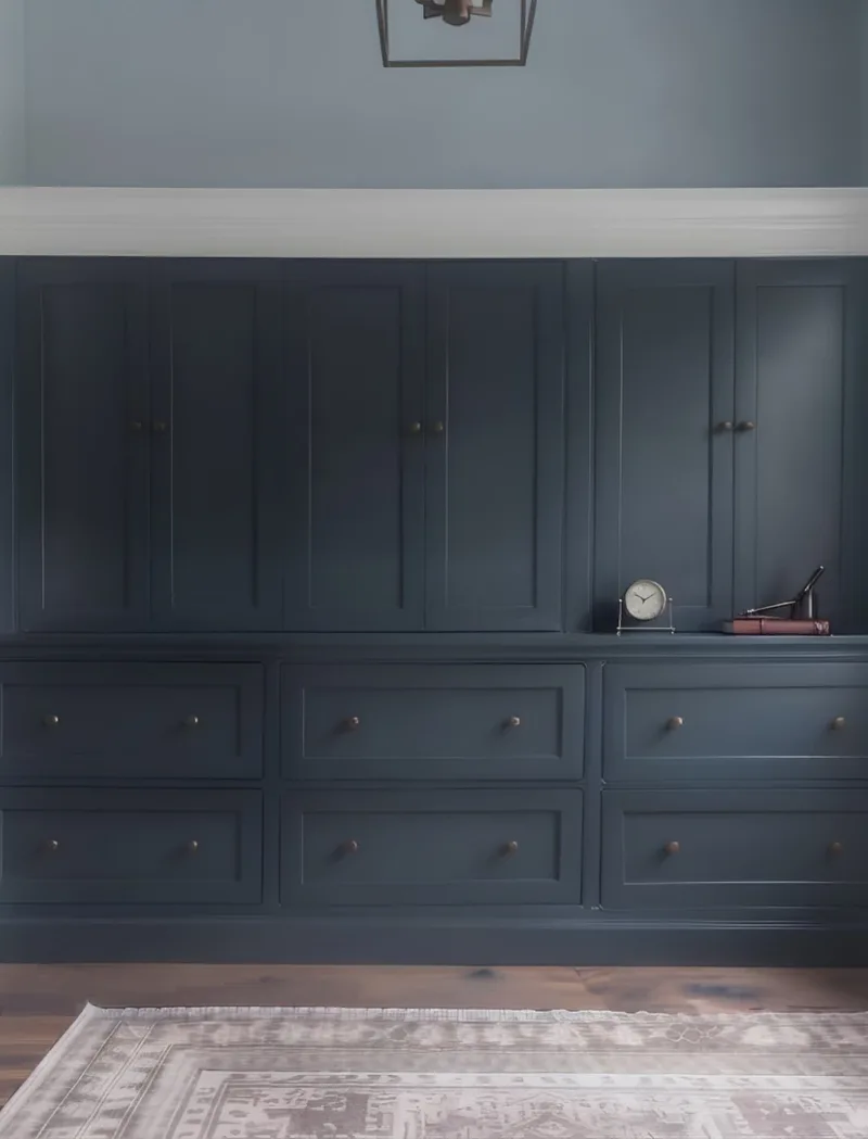 Custom built-in wardrobe wall in a Toronto hallway, painted deep navy and running floor to ceiling into the alcove beside the staircase: full-height doors above six deep drawers with brass knobs, crown moulding at the top and base moulding to the floor