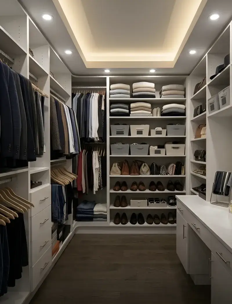 Bright white walk-in closet with shoe shelving, hanging rails and a dressing counter, built by Closet Form